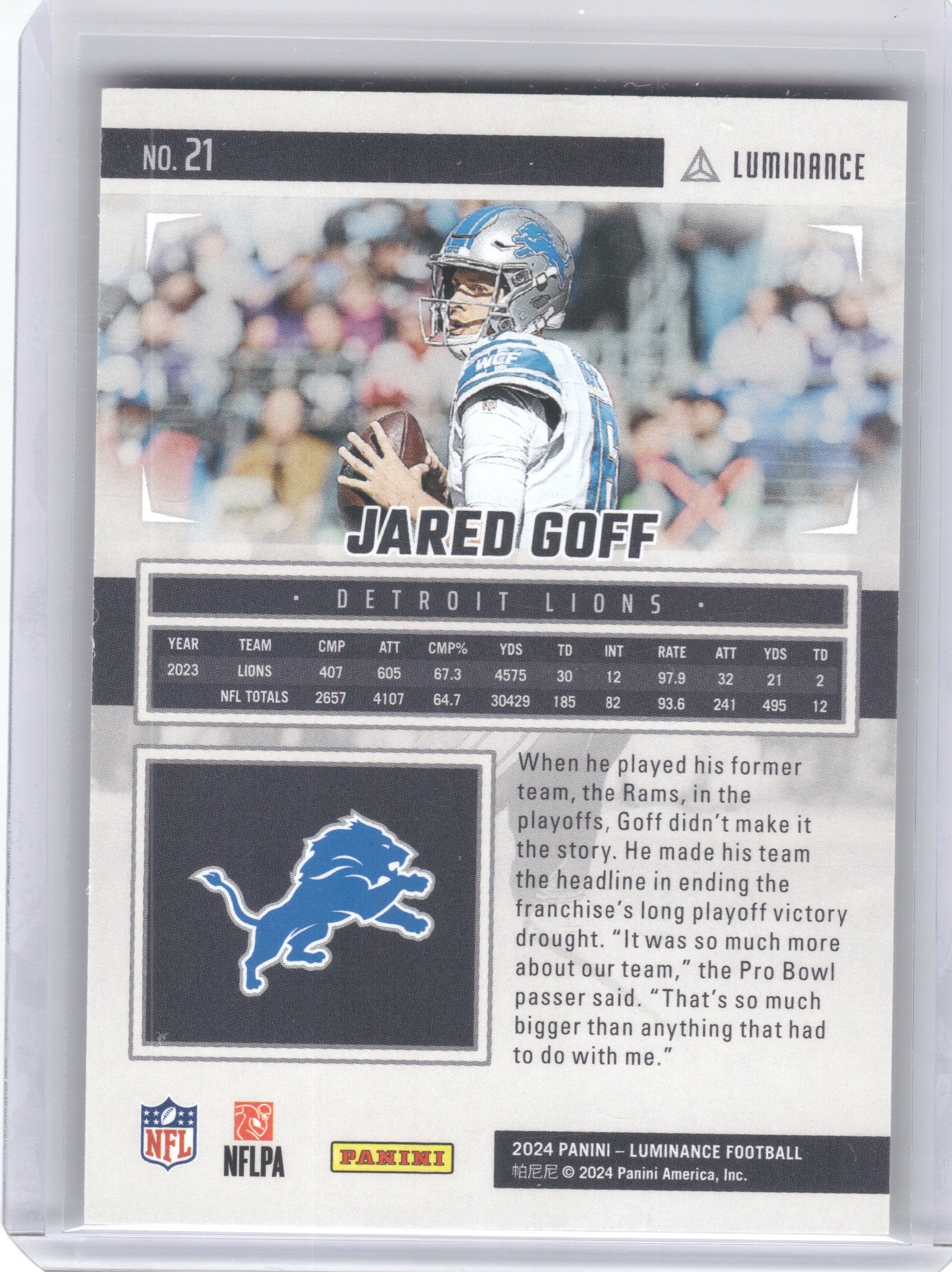 2024 Panini Luminance #21 Jared Goff Gold #/299 Detroit Lions SN
