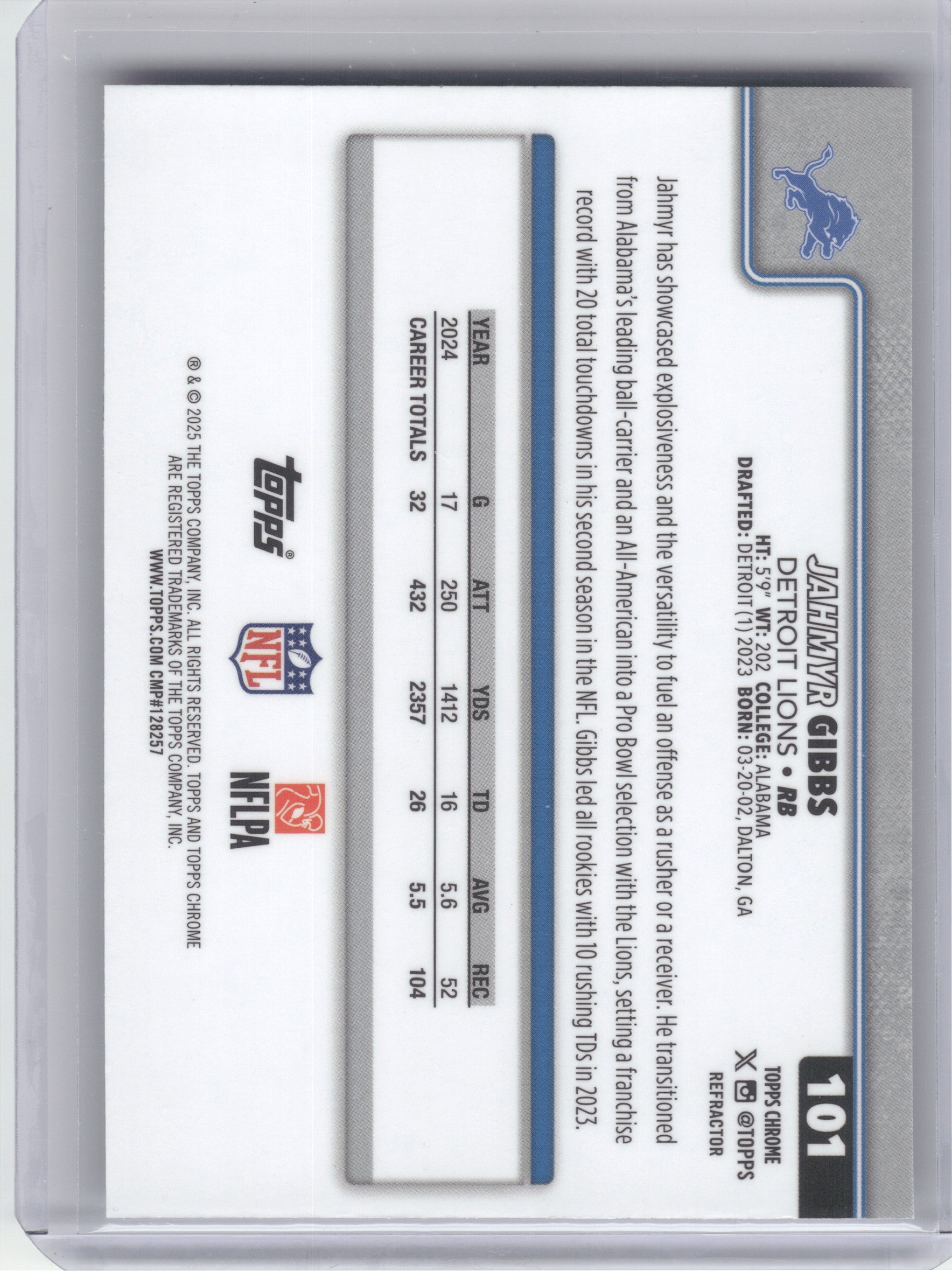 2025 Topps Chrome #101 Jahmyr Gibbs Detroit Lions