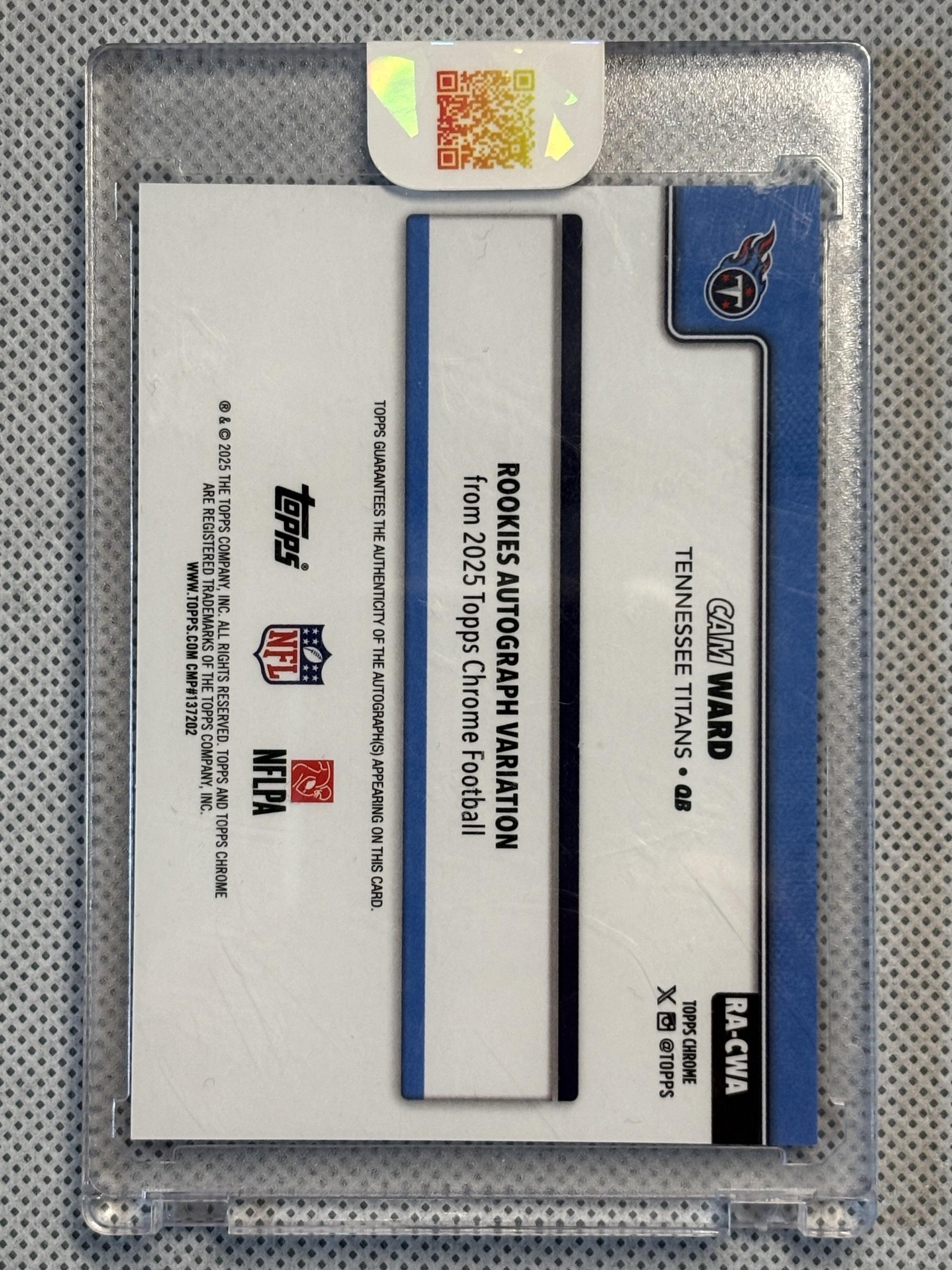 2025 Topps Chrome #RA-CWA Cam Ward Chrome Rookie Autographs Blue Refractor #/150 Tennessee Titans SN,AU