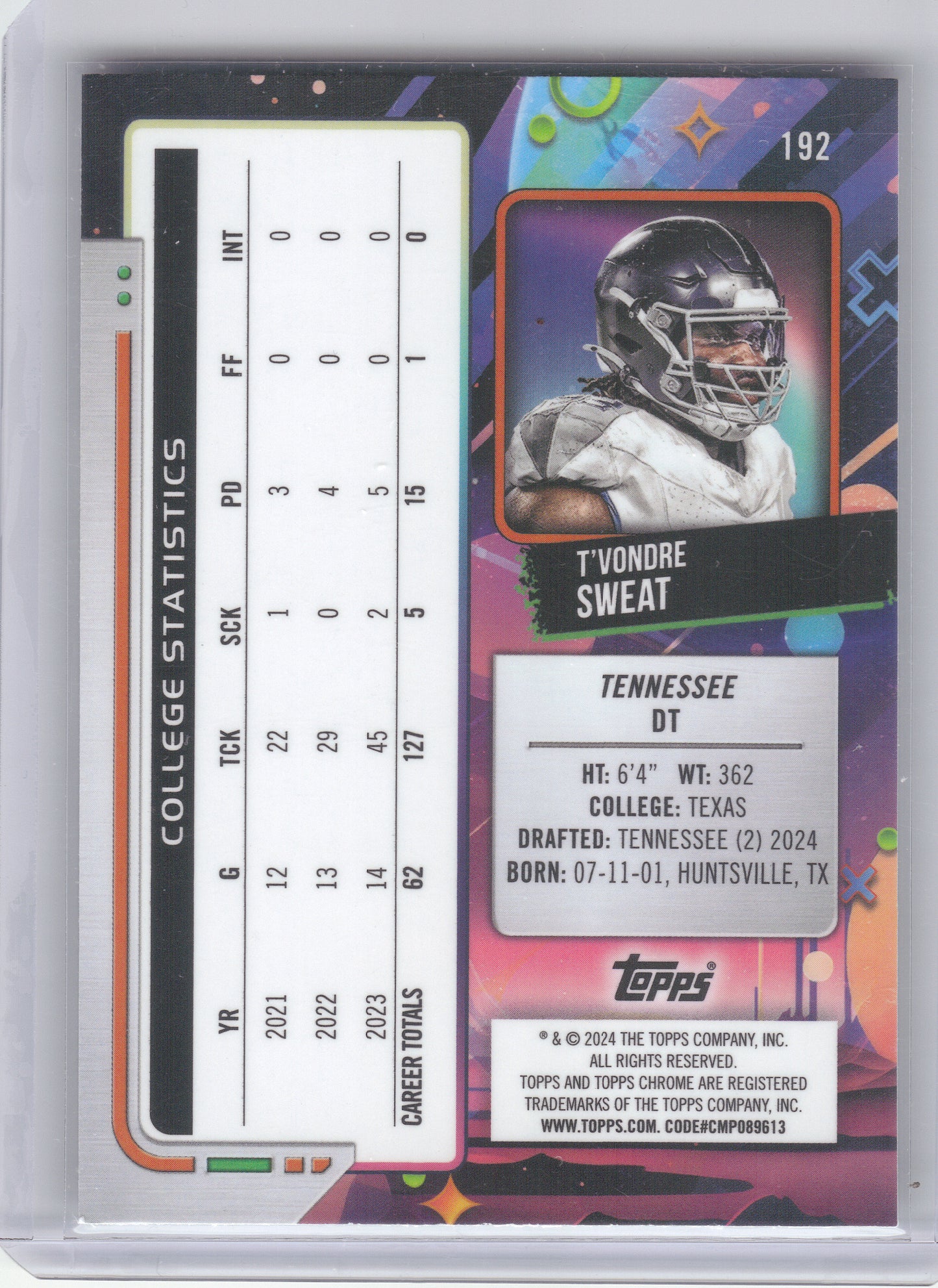 2024 Topps Chrome Cosmic #192 T'Vondre Sweat Purple Nebula Refractors #/150 Tennessee Titans SN