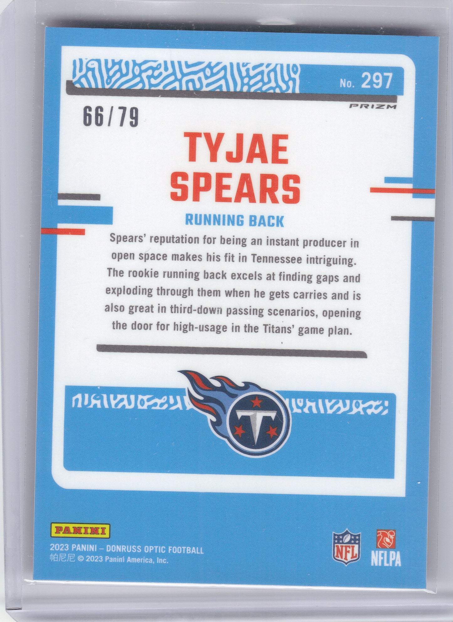 2023 Donruss Optic #297 Tyjae Spears Pink Velocity #/79 Tennessee Titans SN,RC