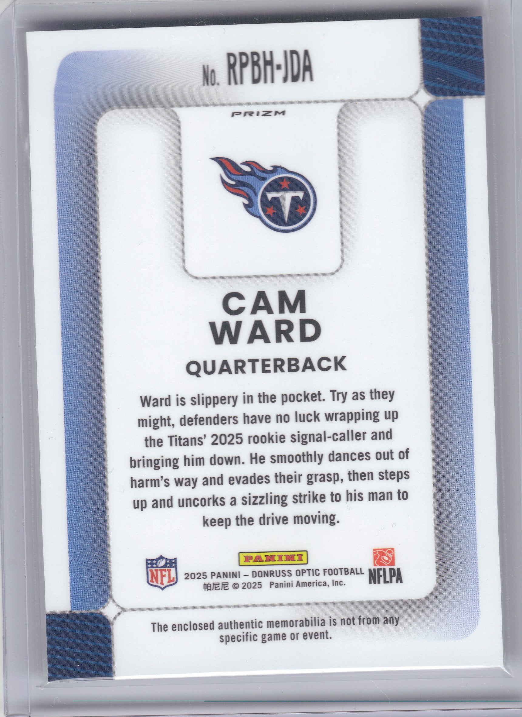 2025 Donruss Optic #RPBH-JDA Cam Ward Rookie Phenoms Blue Hyper Tennessee Titans MEM