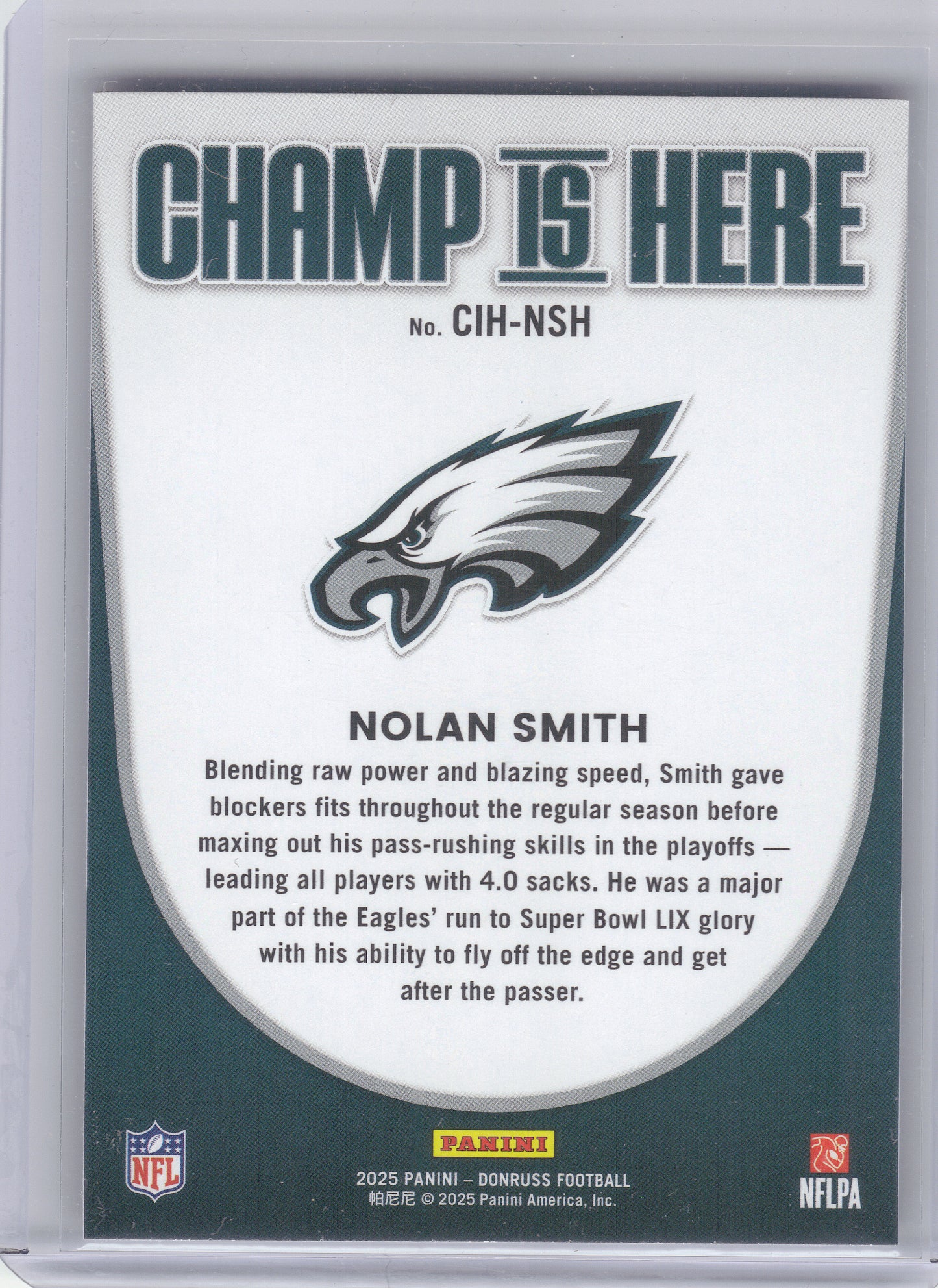 2025 Donruss #CIH-NSH Nolan Smith Champ is Here Philadelphia Eagles