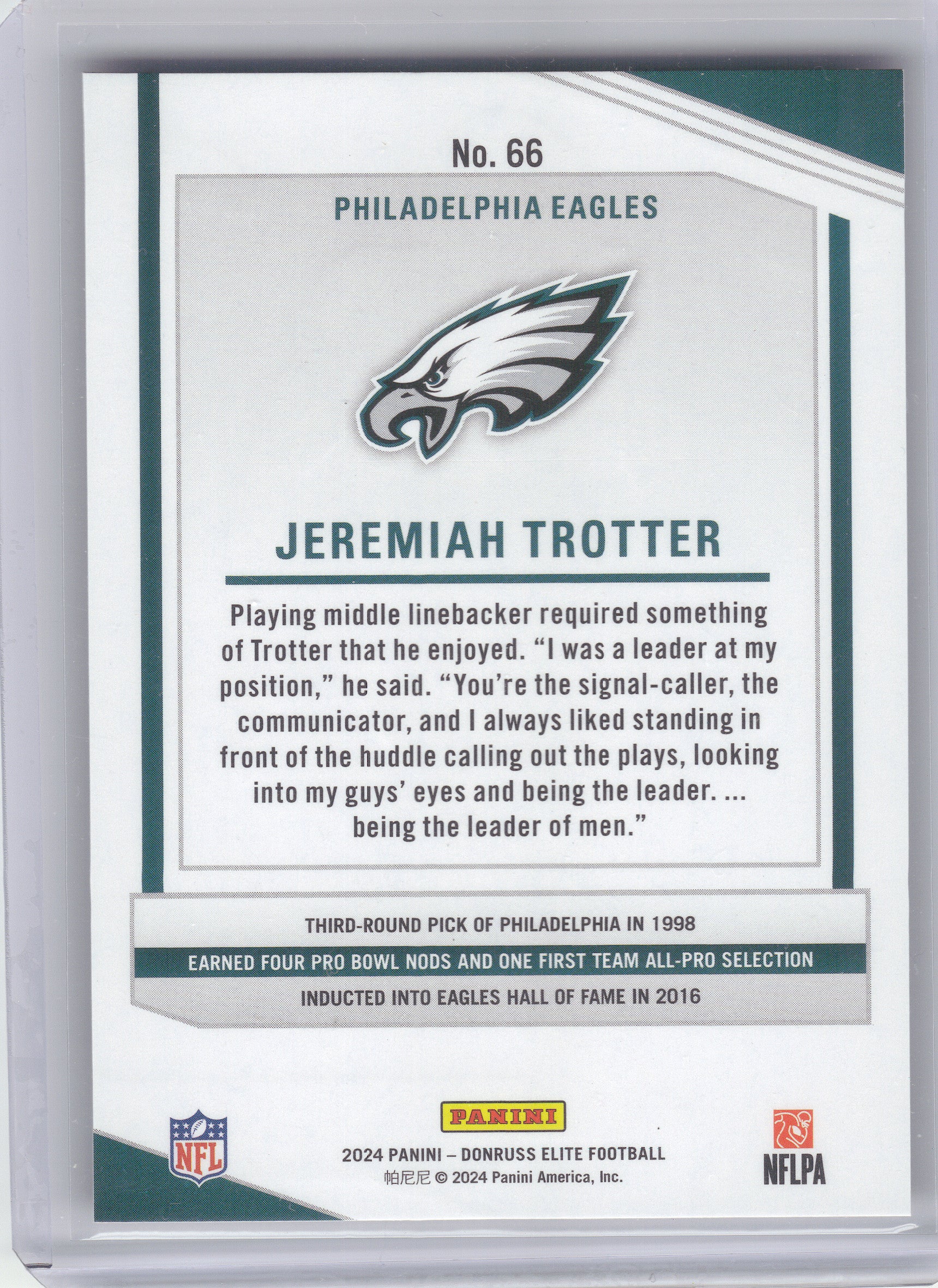 2024 Donruss Elite #66 Jeremiah Trotter Maroon #/249 Philadelphia Eagles SN
