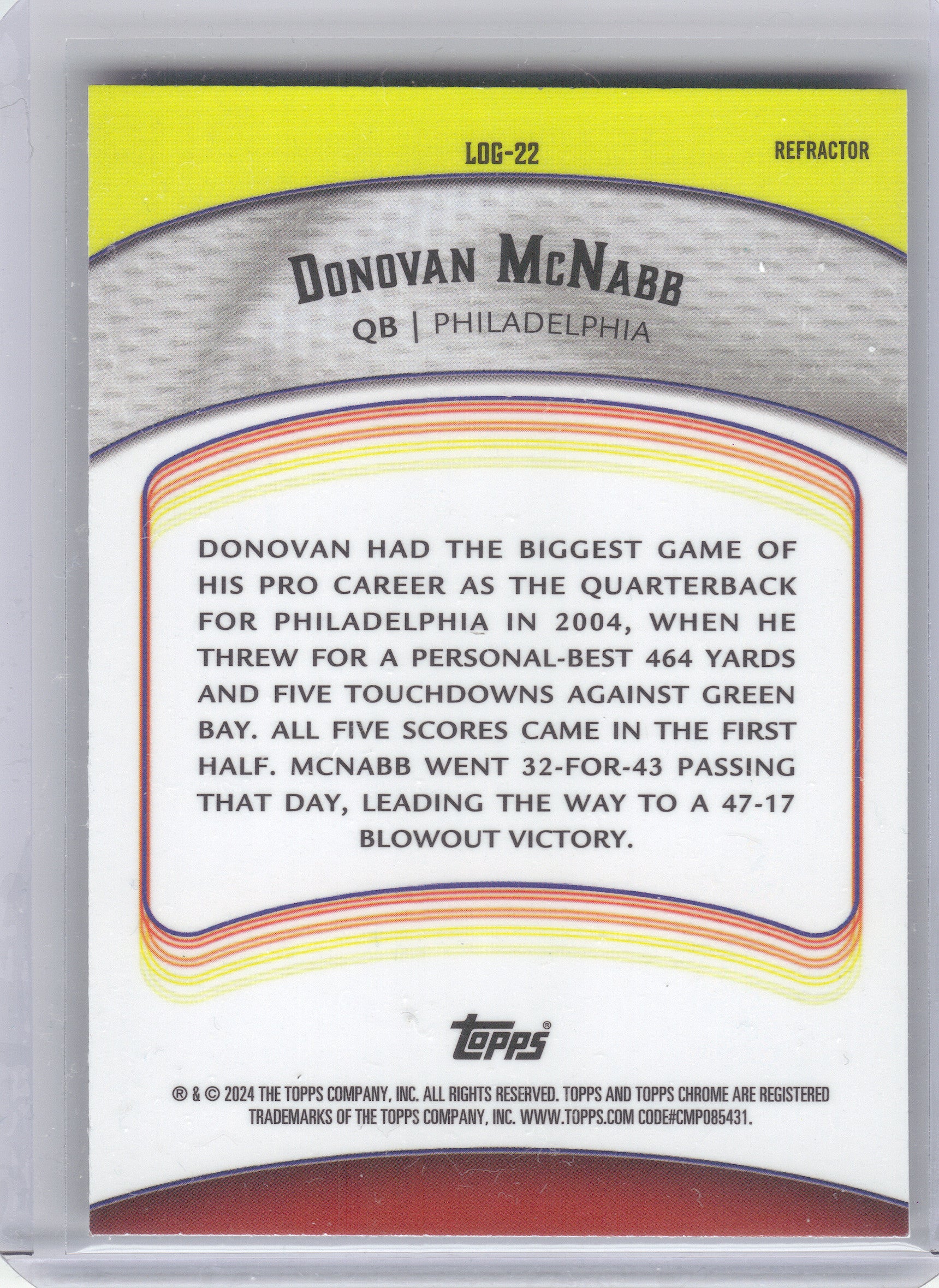 2024 Topps Chrome #LOG-22 Donovan McNabb Legends of the Gridiron Refractor Philadelphia Eagles