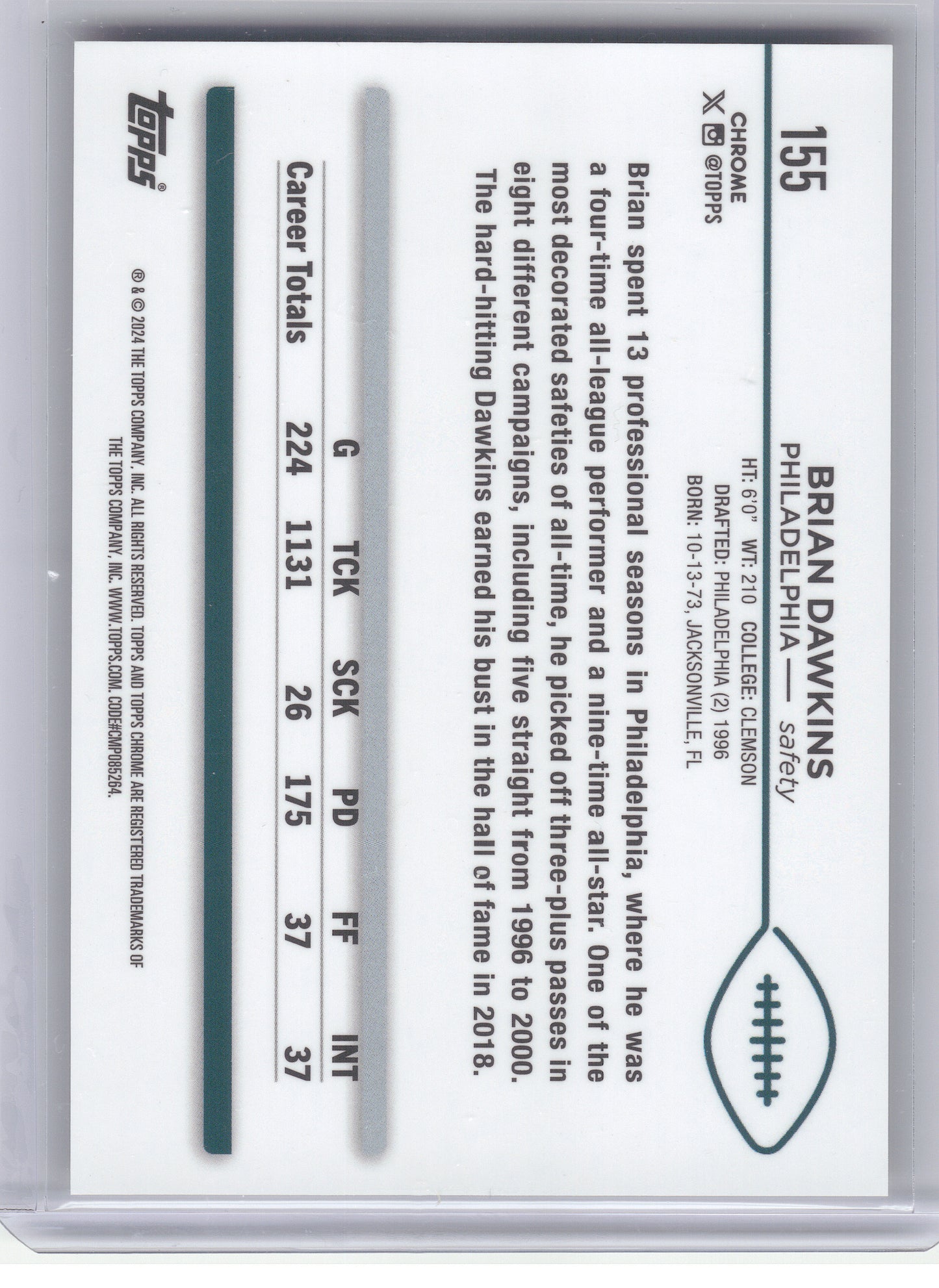 2024 Topps Chrome Sapphire Edition #155 Brian Dawkins Gold Sapphire #/50 Philadelphia Eagles SN