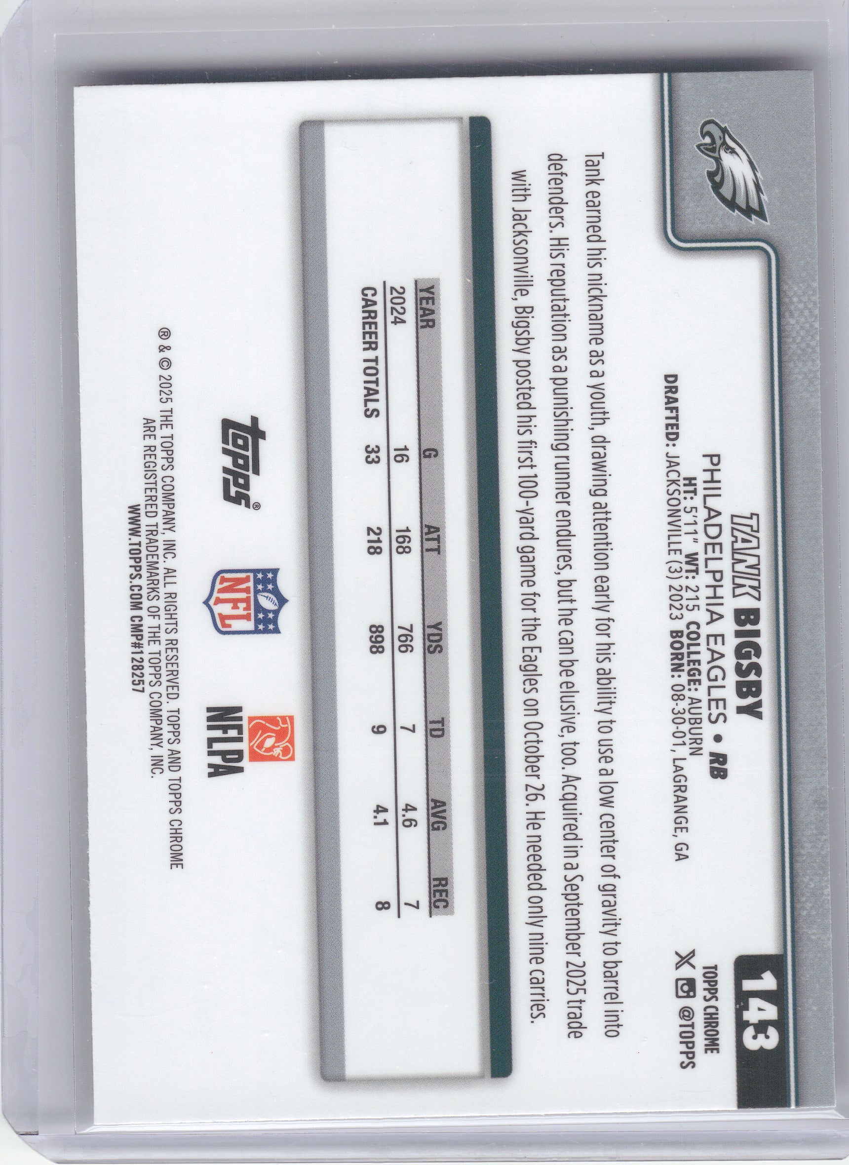 2025 Topps Chrome #143 Tank Bigsby Football Leather Refractor Philadelphia Eagles