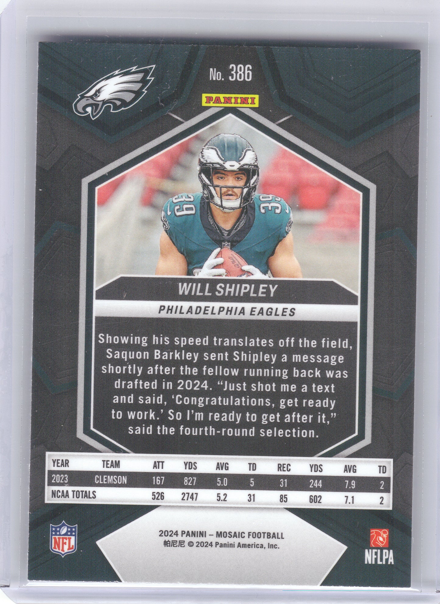 2024 Panini Mosaic #386 Will Shipley Philadelphia Eagles RC