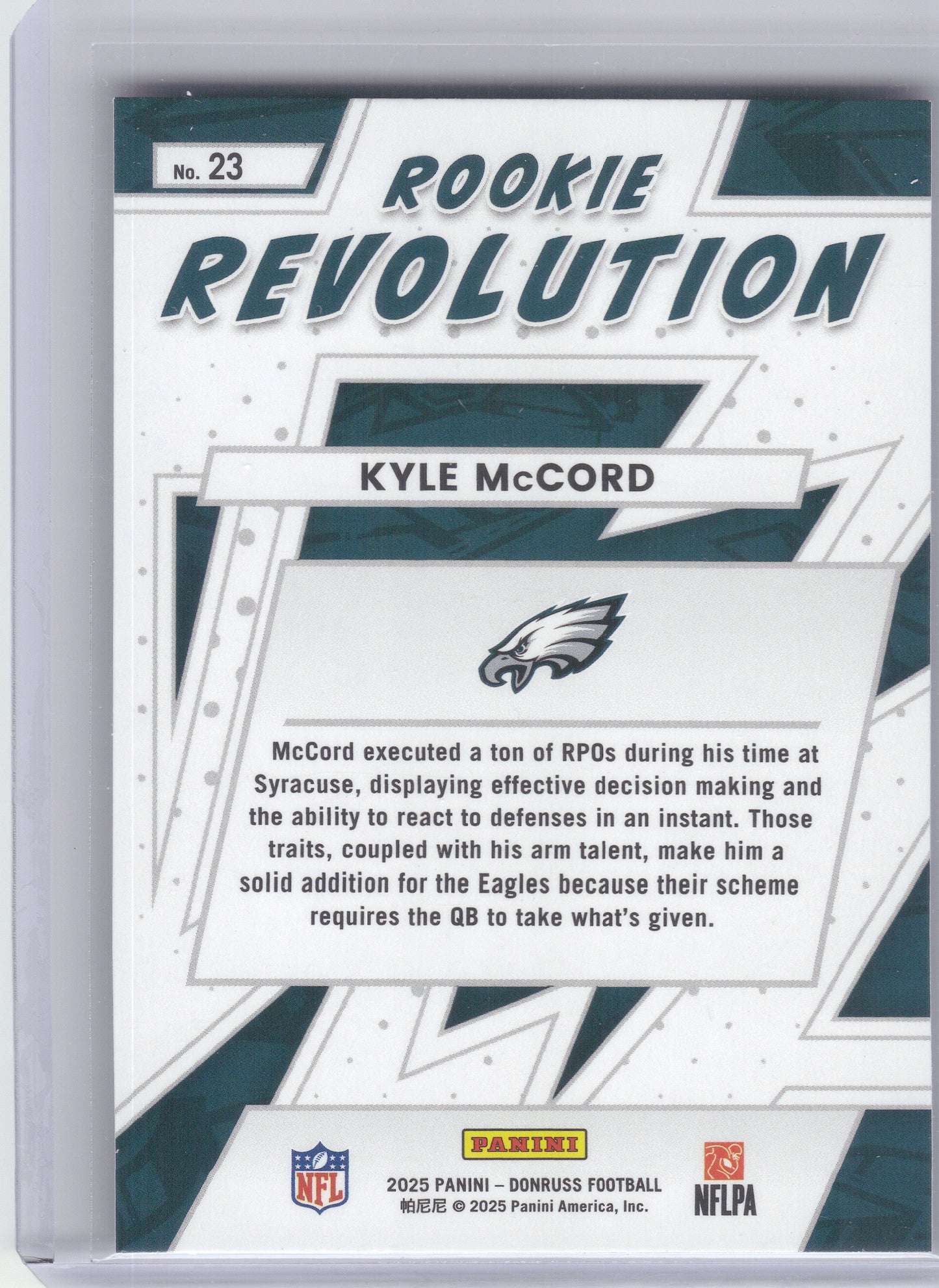 2025 Donruss #23 Kyle McCord Rookie Revolution Philadelphia Eagles