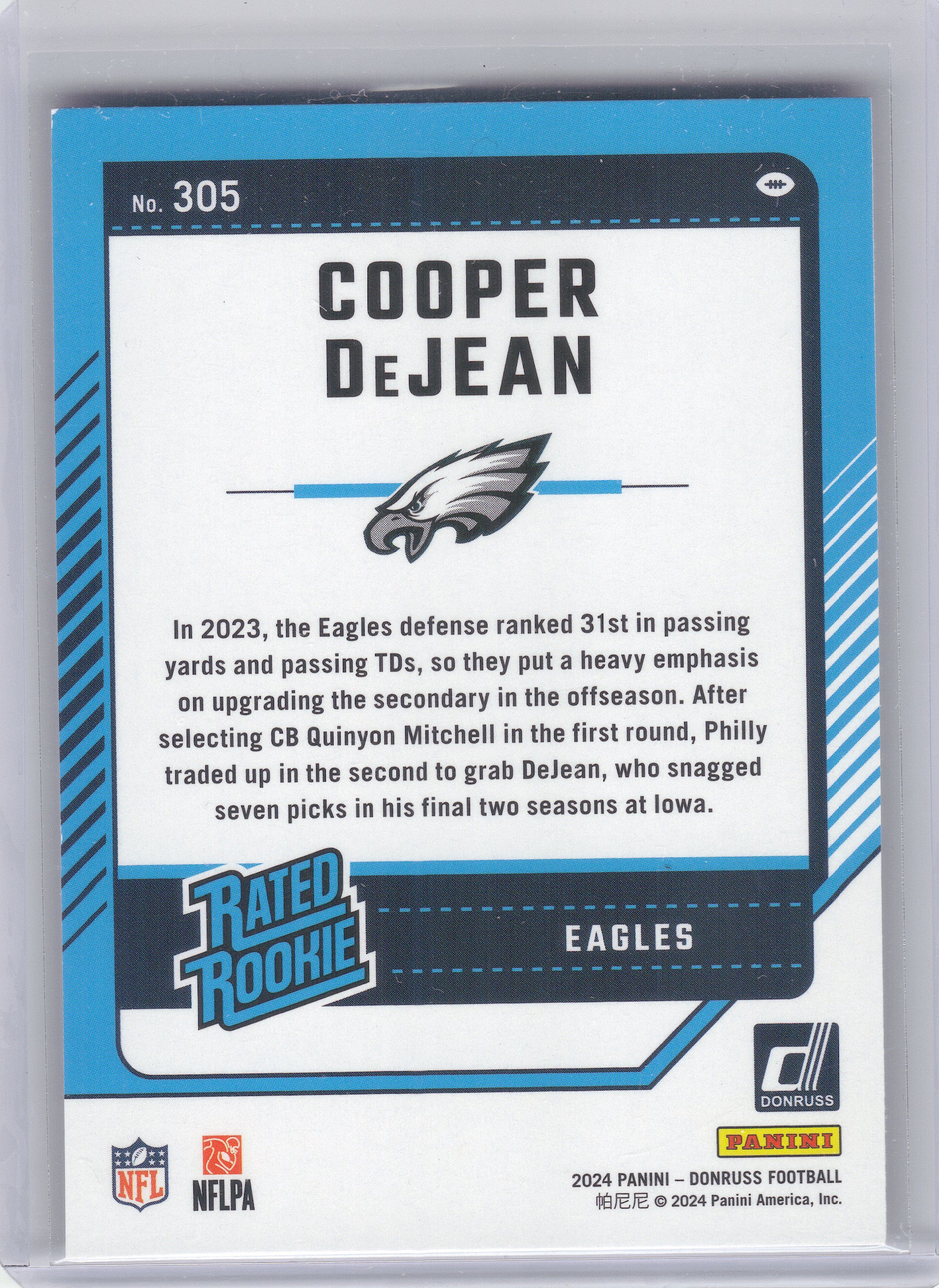 2024 Donruss #305 Cooper DeJean Press Proof Purple Philadelphia Eagles RC