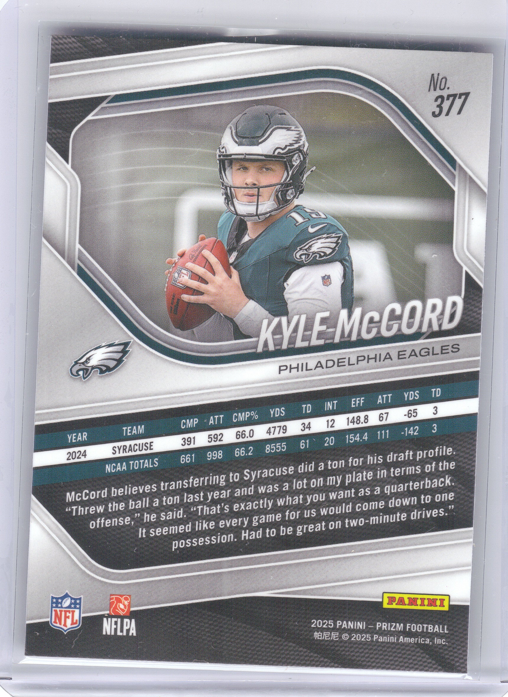 2025 Panini Prizm #377 Kyle McCord Philadelphia Eagles RC