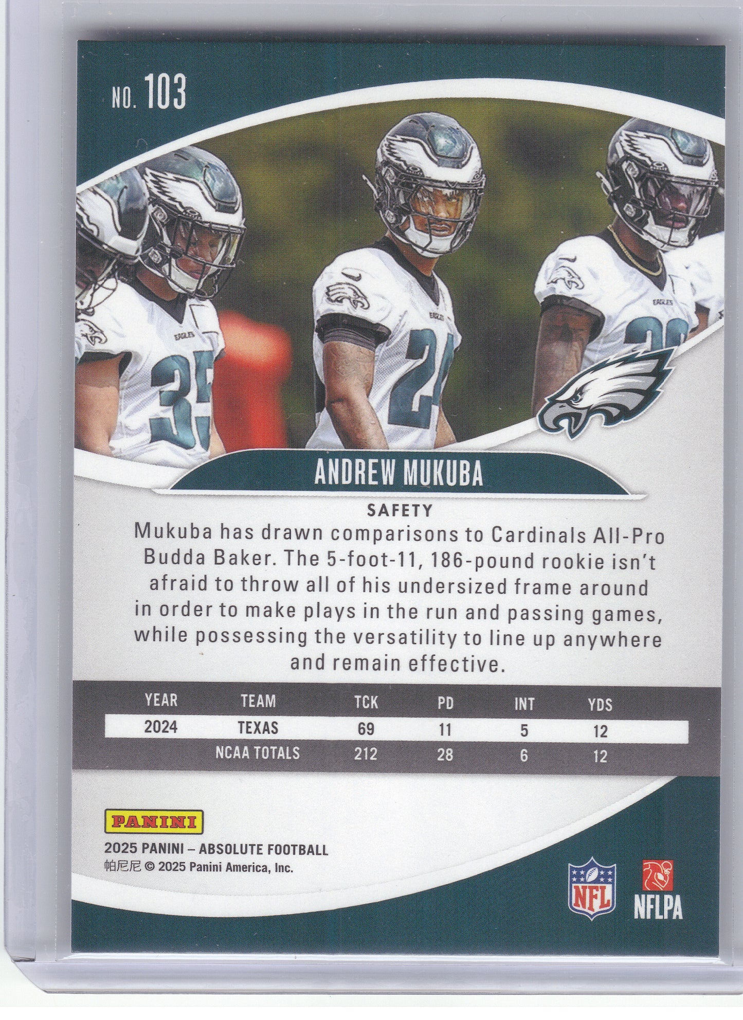 2025 Panini Absolute #103 Andrew Mukuba Retail Philadelphia Eagles RC