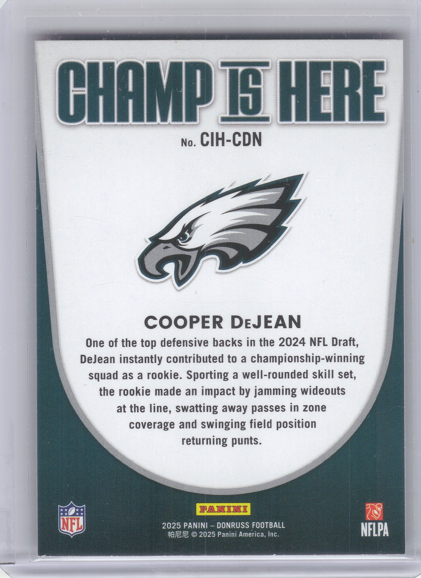 2025 Donruss #CIH-CDN Cooper DeJean Champ is Here Philadelphia Eagles