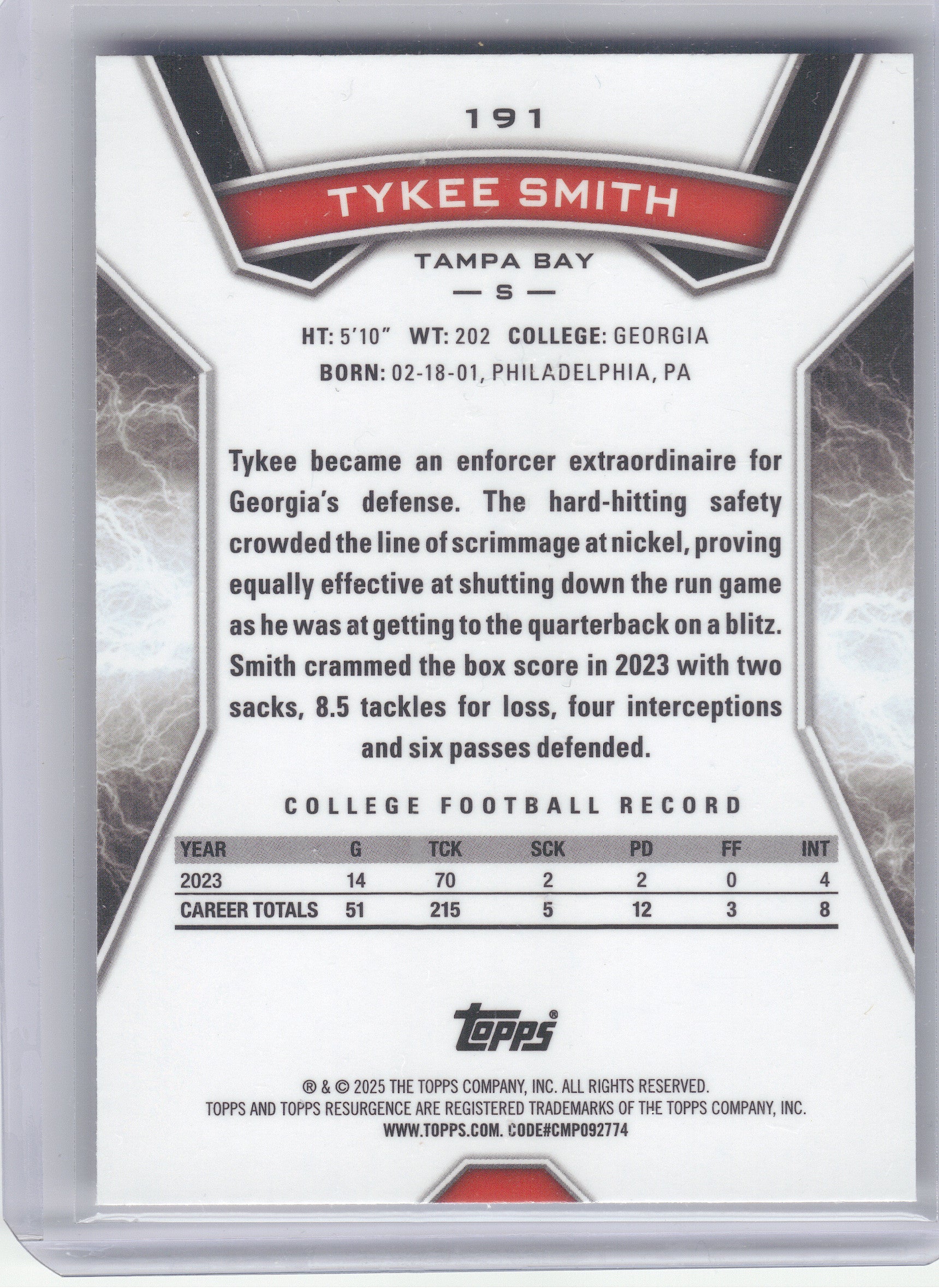 2024 Topps Resurgence #191 Tykee Smith Blue & Orange Spark Tampa Bay Buccaneers RC