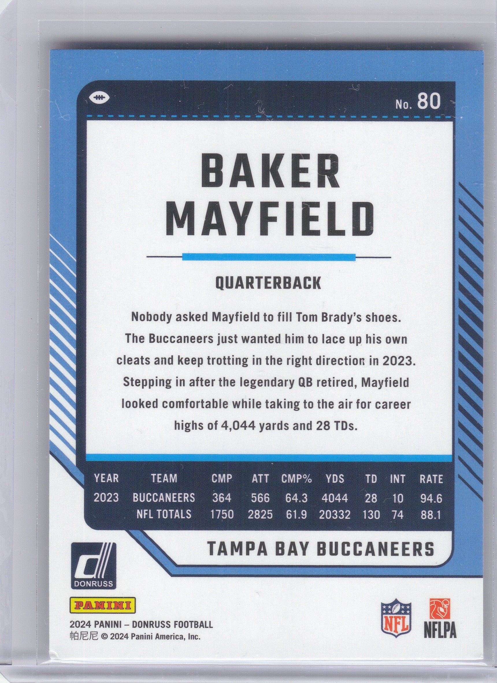 2024 Donruss #80 Baker Mayfield Press Proof Purple Tampa Bay Buccaneers