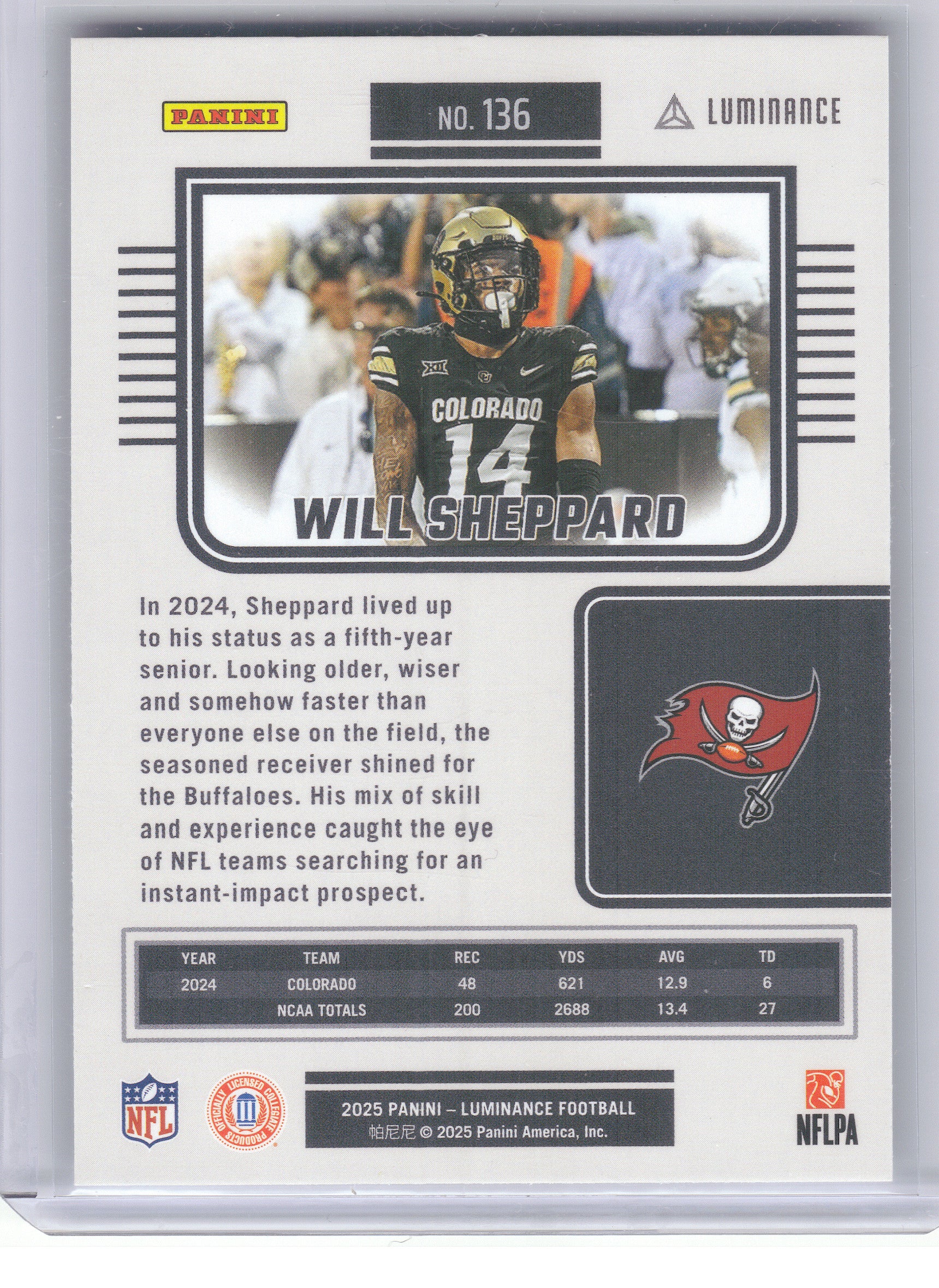 2025 Panini Luminance #136 Will Sheppard Tampa Bay Buccaneers RC