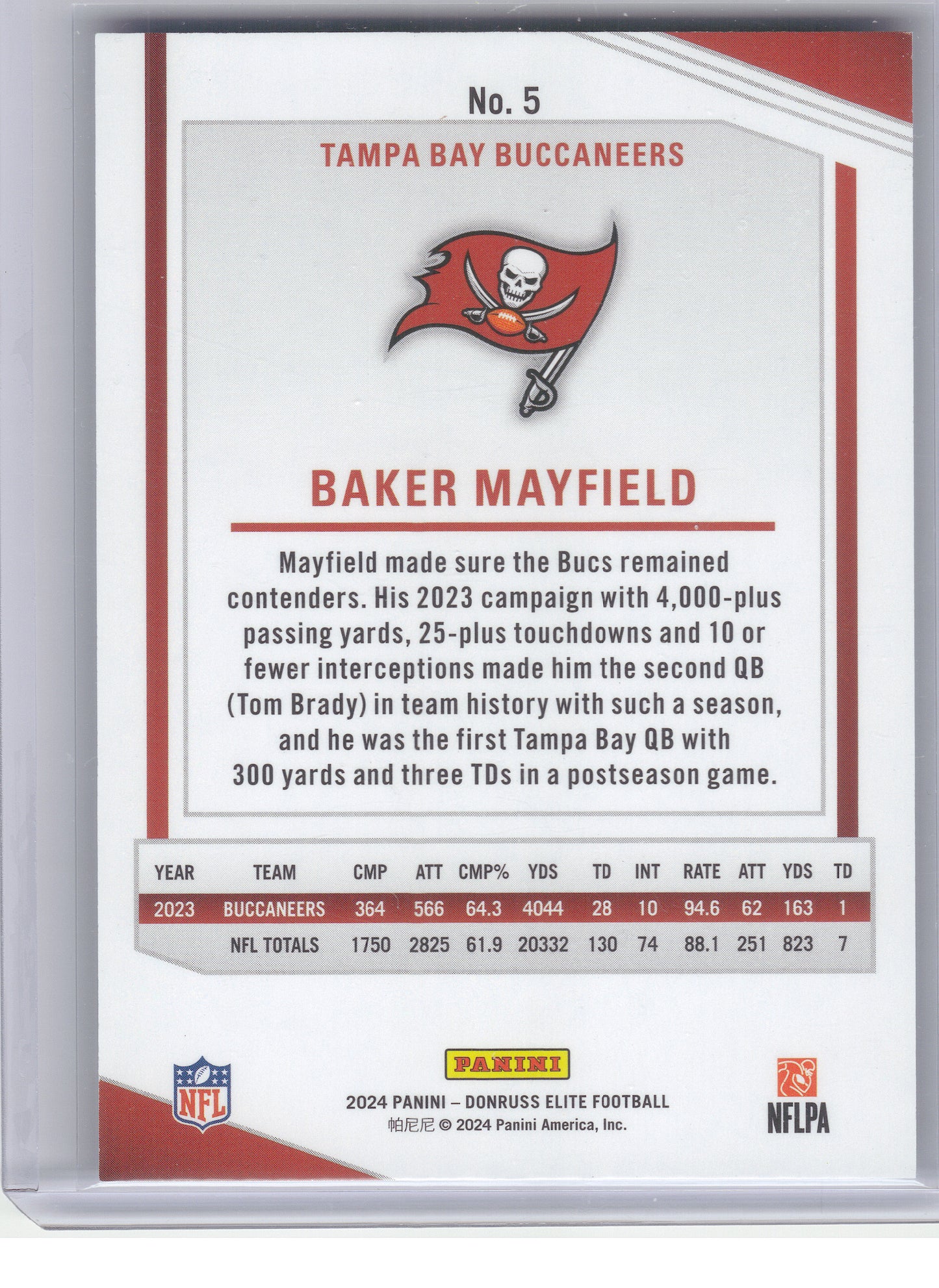 2024 Donruss Elite #5 Baker Mayfield Status Sparkle #/299 Tampa Bay Buccaneers SN