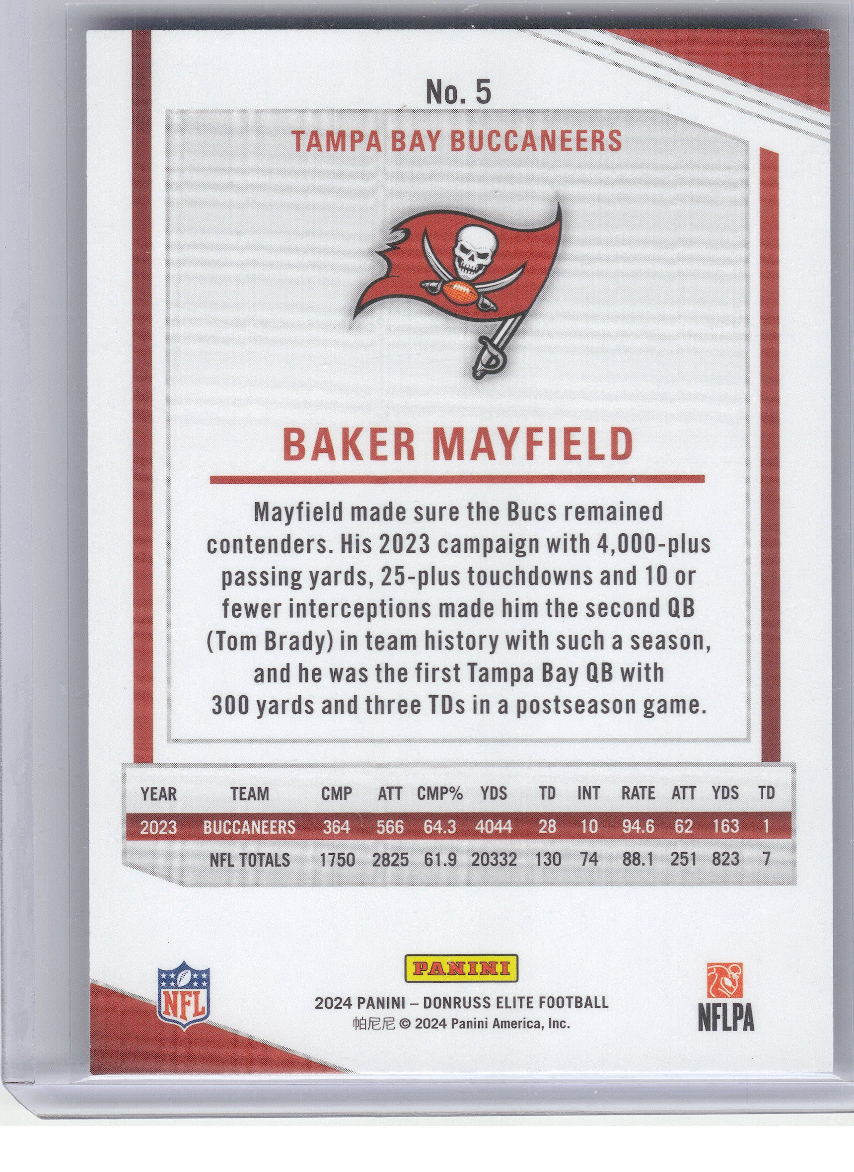 2024 Donruss Elite #5 Baker Mayfield Status Sparkle #/299 Tampa Bay Buccaneers SN