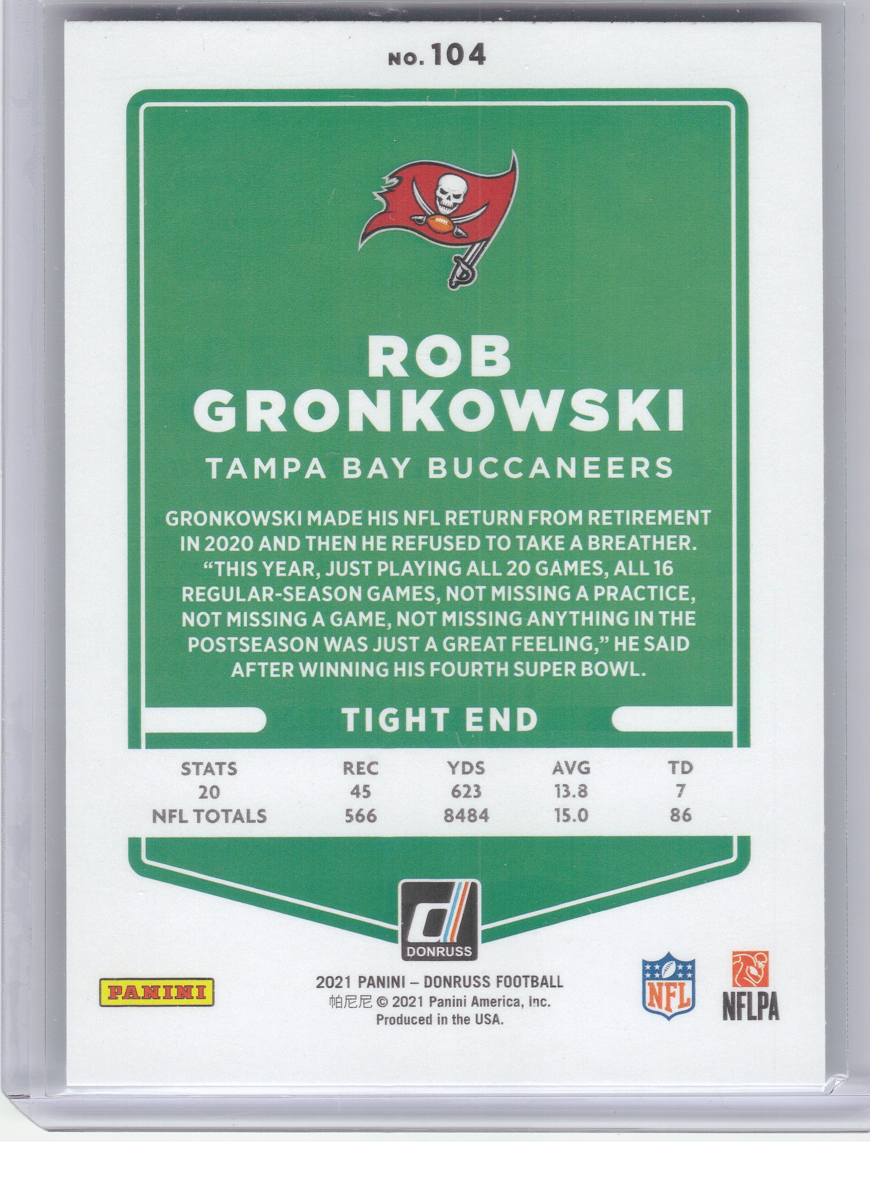 2021 Donruss #104b Rob Gronkowski No Helmet Tampa Bay Buccaneers