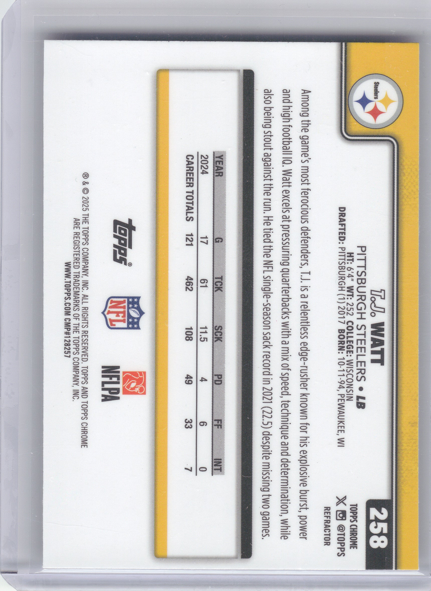 2025 Topps Chrome #258 T.J. Watt Ray Wave Refractor Pittsburgh Steelers