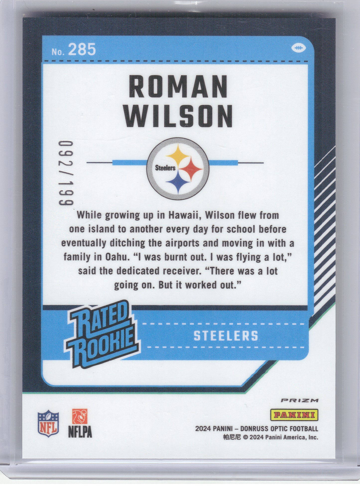 2024 Donruss Optic #285 Roman Wilson Blue #/199 Pittsburgh Steelers SN