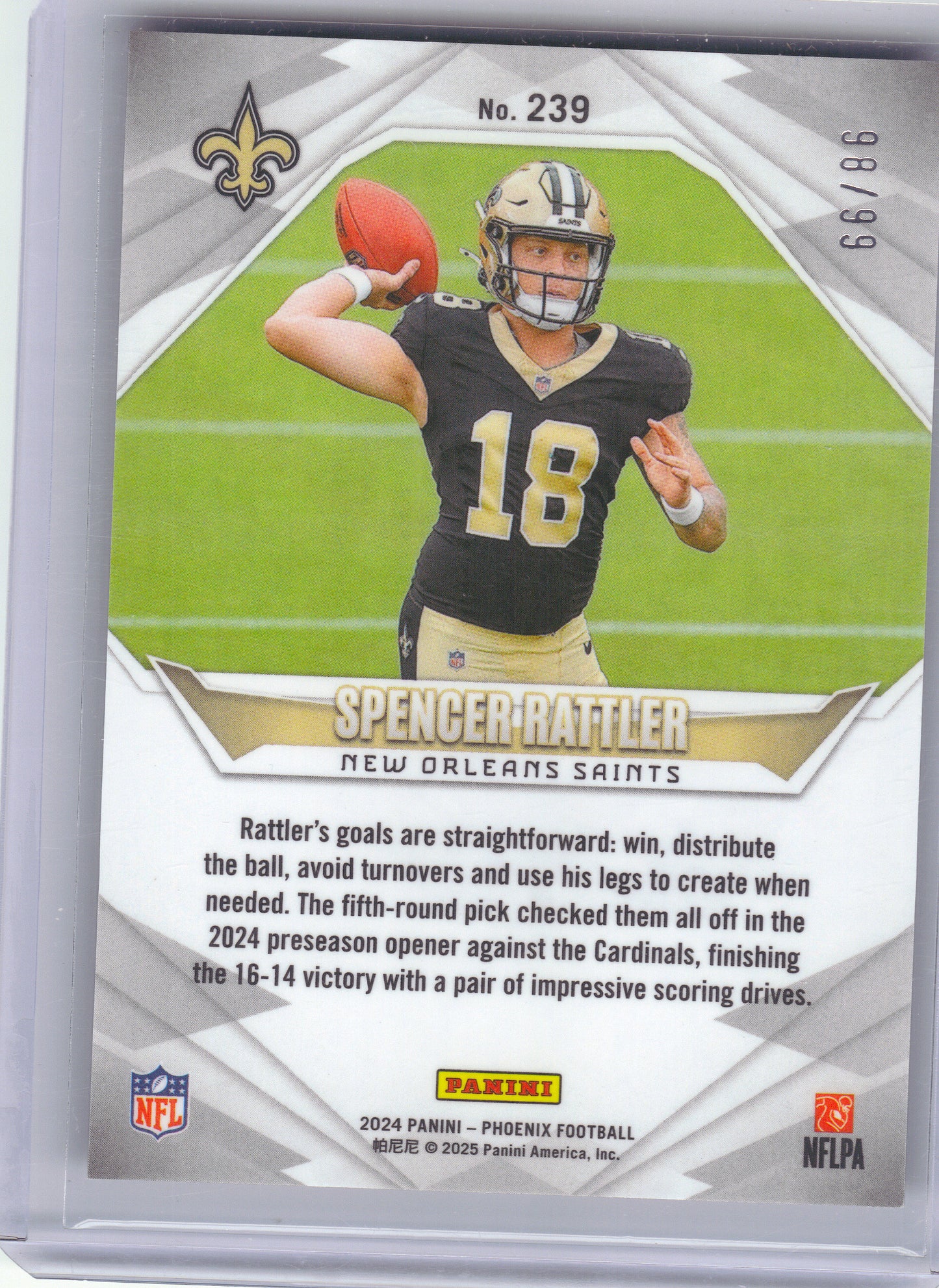 2024 Panini Phoenix #239 Spencer Rattler Red #/99 New Orleans Saints SN,RC