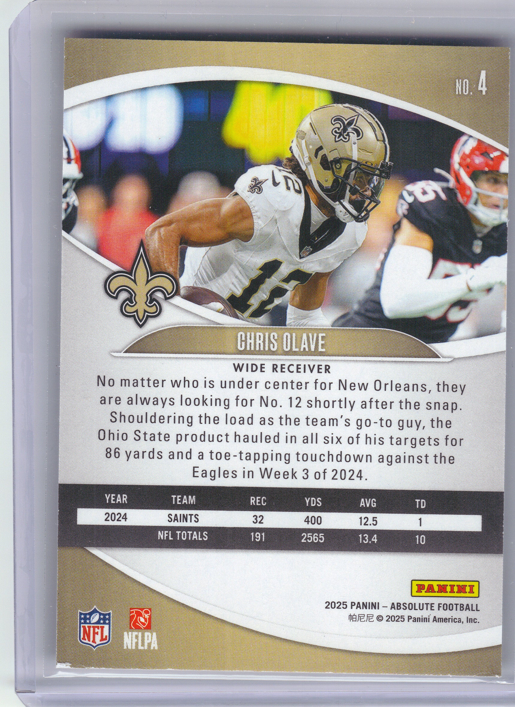 2025 Panini Absolute #4 Chris Olave Black New Orleans Saints