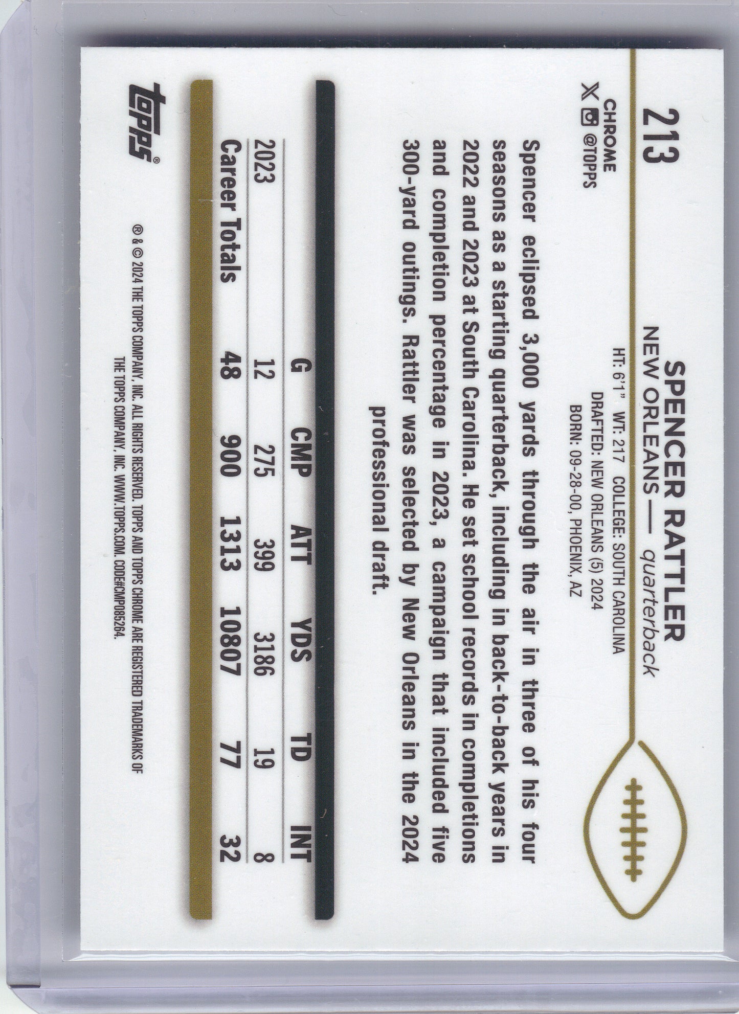 2024 Topps Chrome #213 Spencer Rattler New Orleans Saints RC