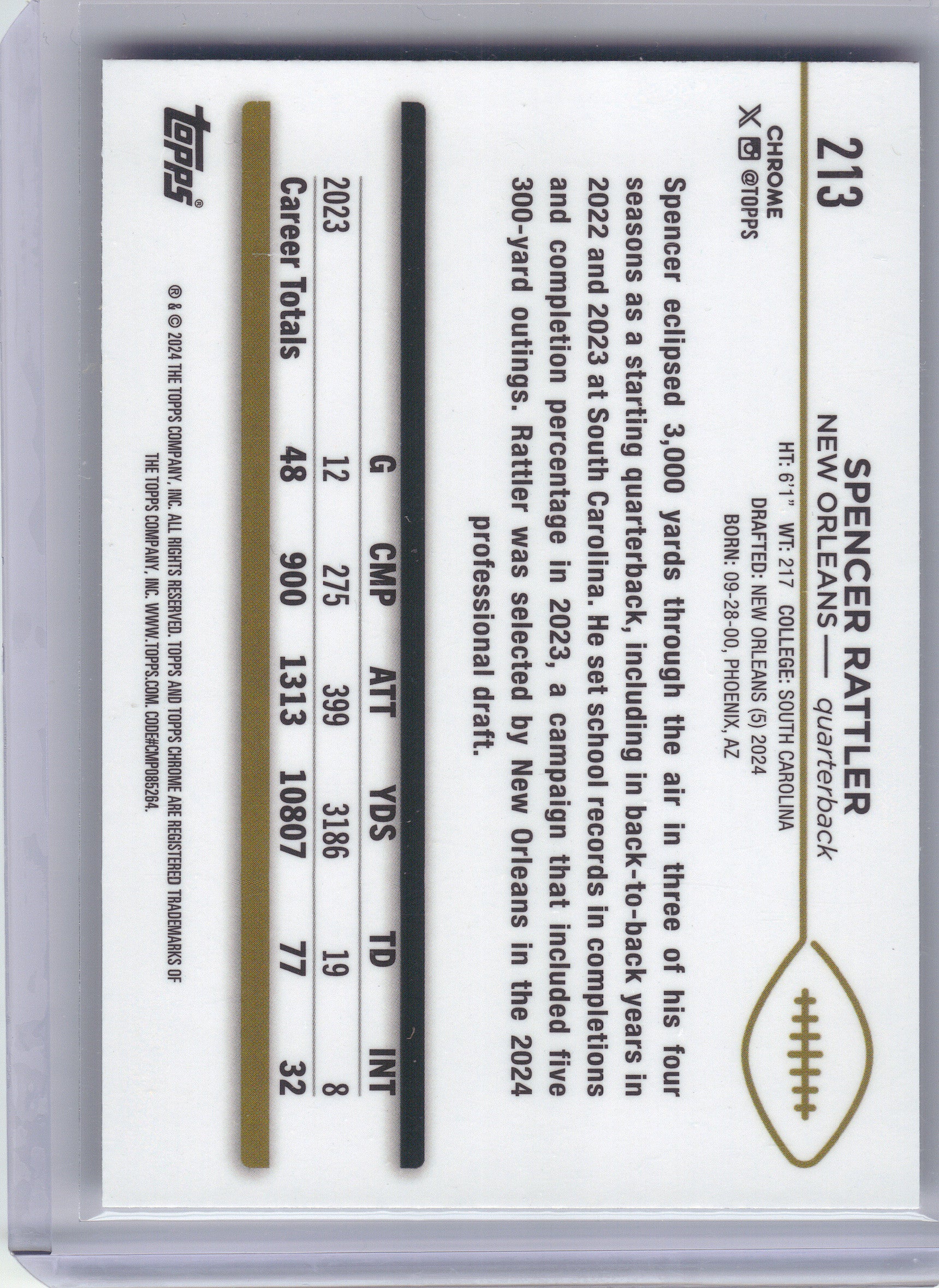 2024 Topps Chrome #213 Spencer Rattler New Orleans Saints RC