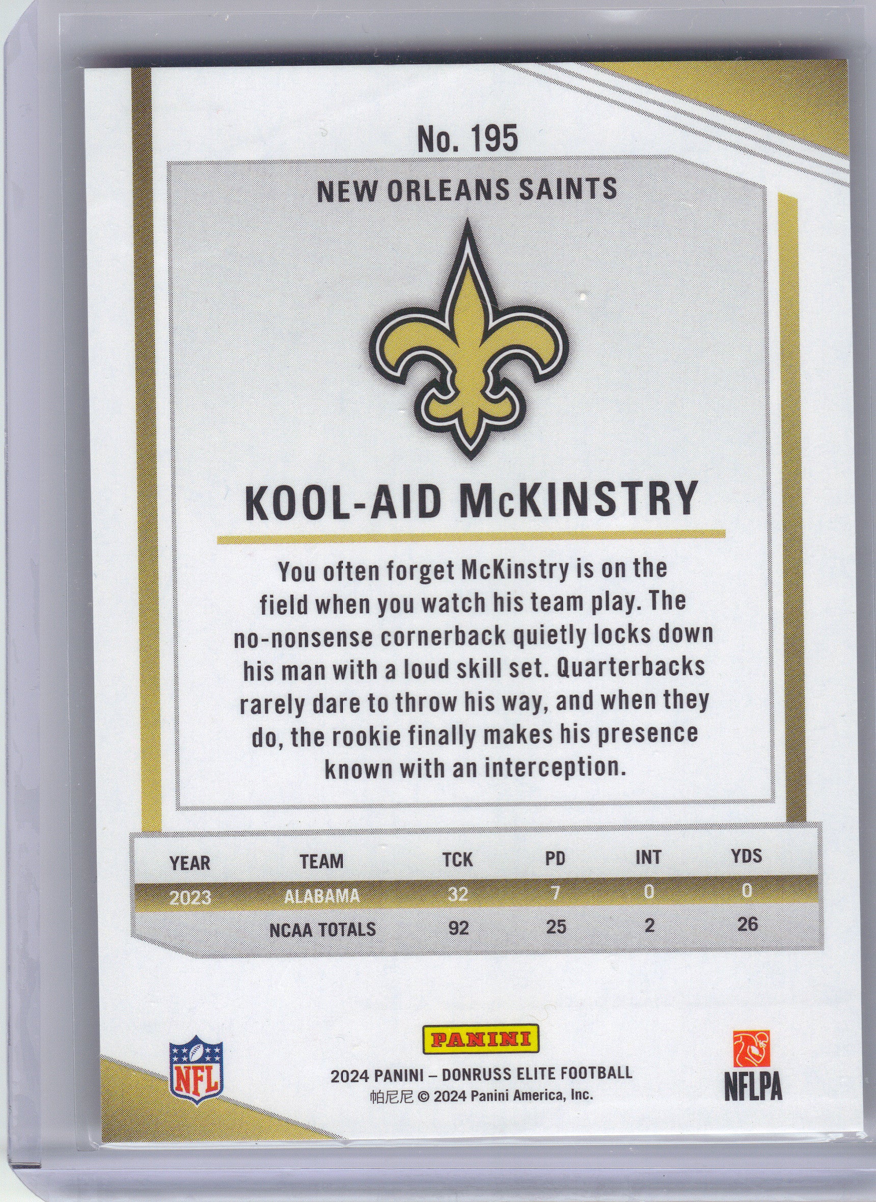 2024 Donruss Elite #195 Kool-Aid McKinstry Maroon #/249 New Orleans Saints SN,RC
