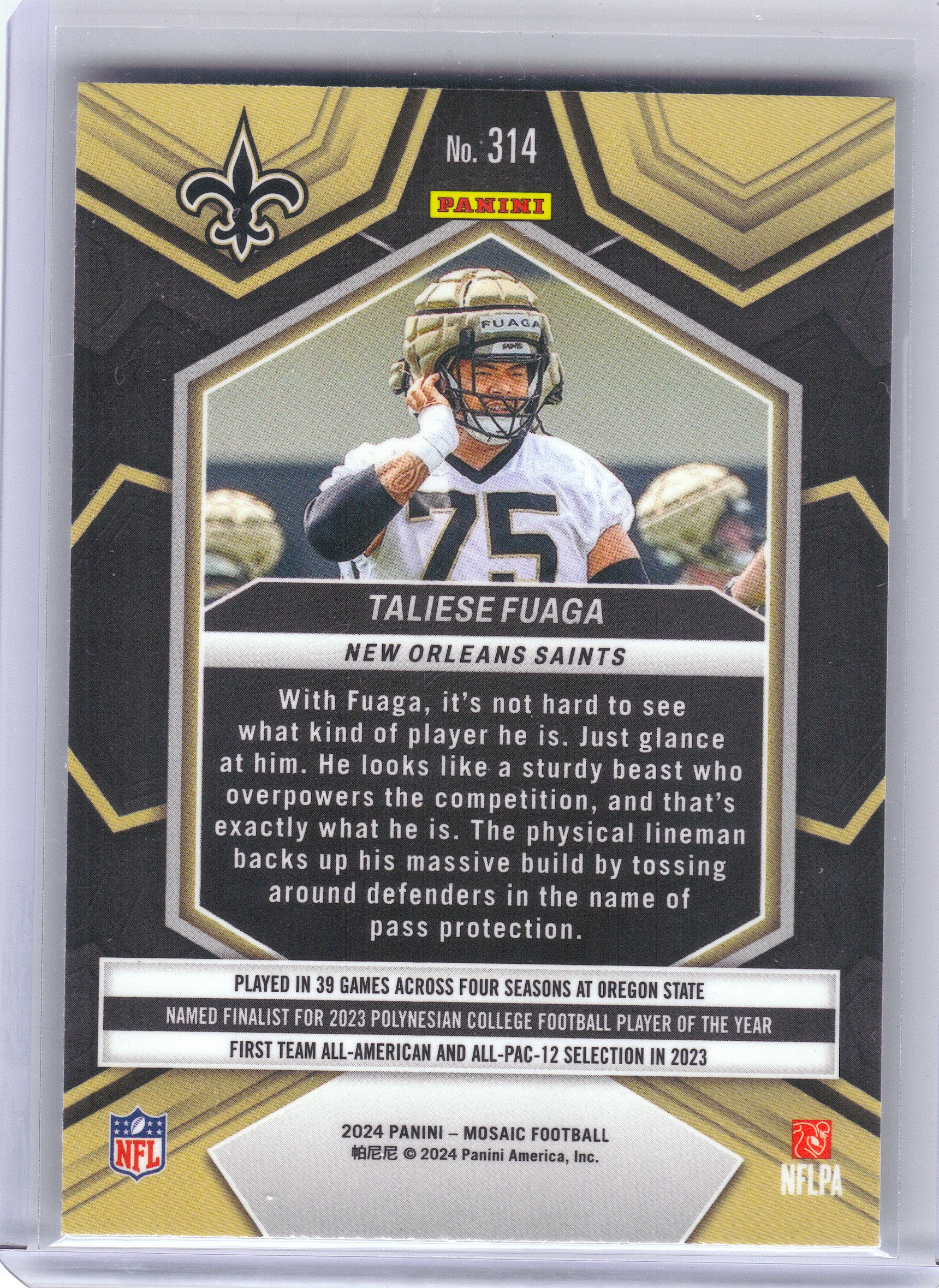 2024 Panini Mosaic #314 Taliese Fuaga New Orleans Saints RC