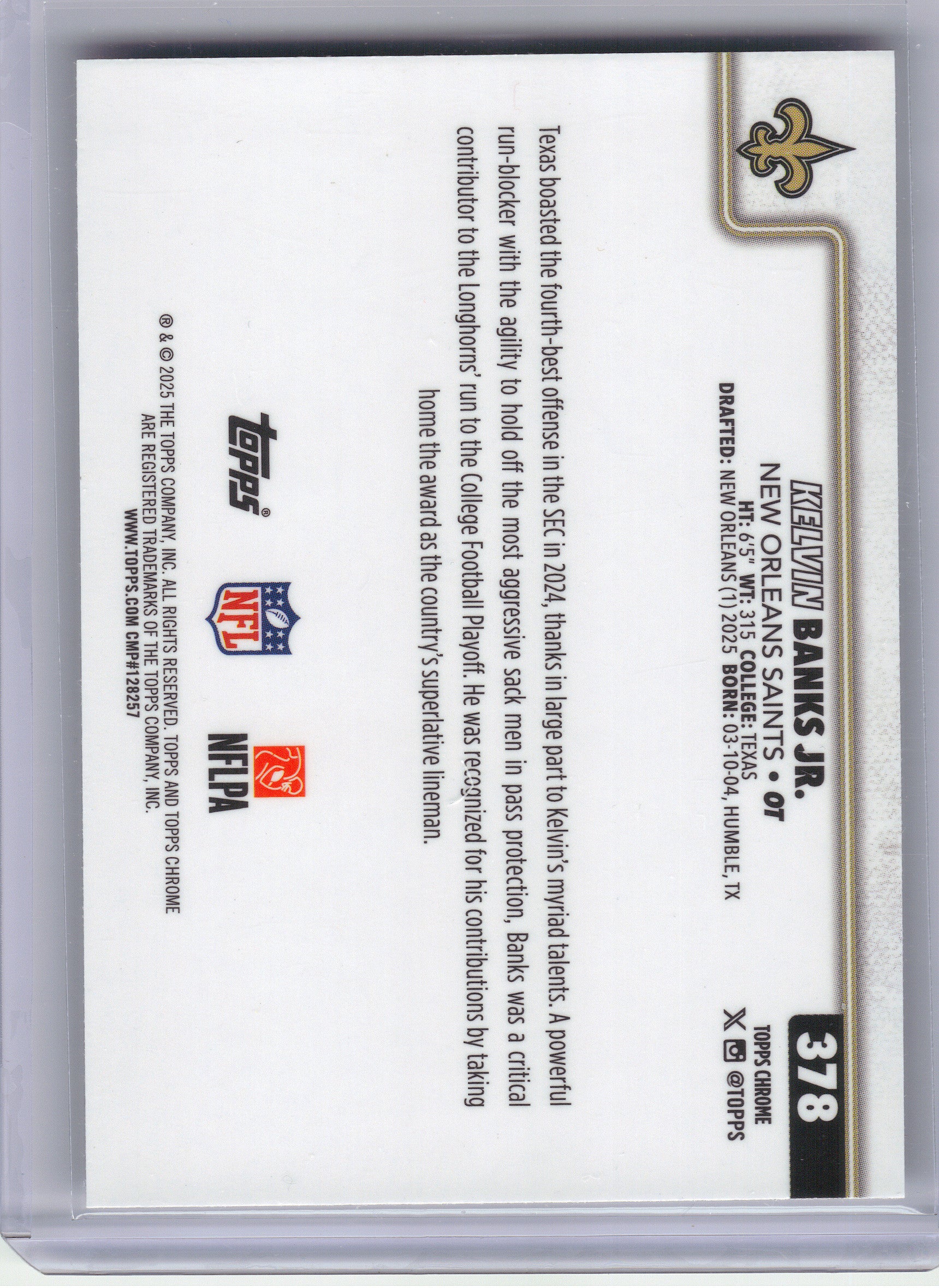 2025 Topps Chrome #378 Kelvin Banks Jr. Ray Wave Refractor New Orleans Saints RC