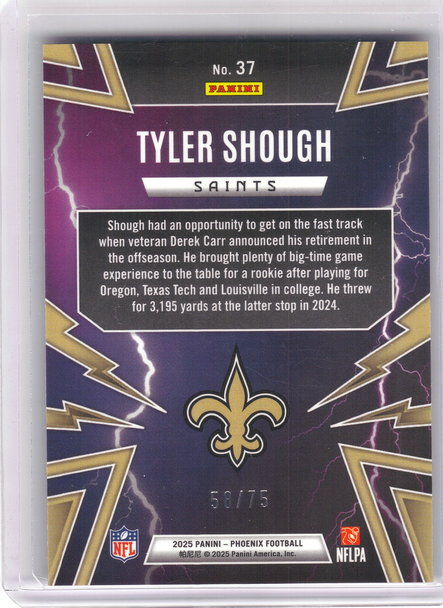 2025 Panini Phoenix #37 Tyler Shough Thunderbirds Silver Mojo Prizm #/75 New Orleans Saints SN