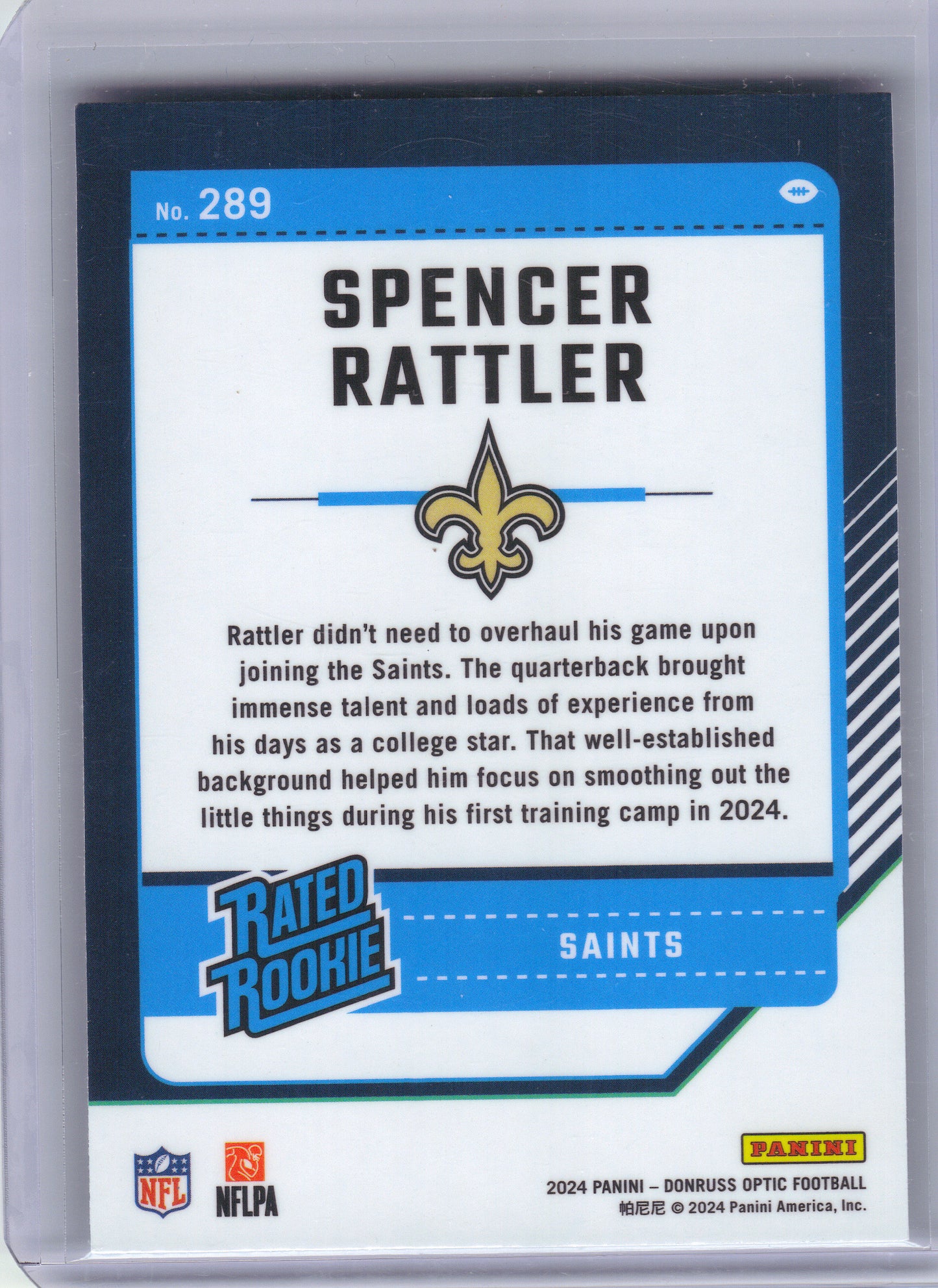 2024 Donruss Optic #289 Spencer Rattler New Orleans Saints RC