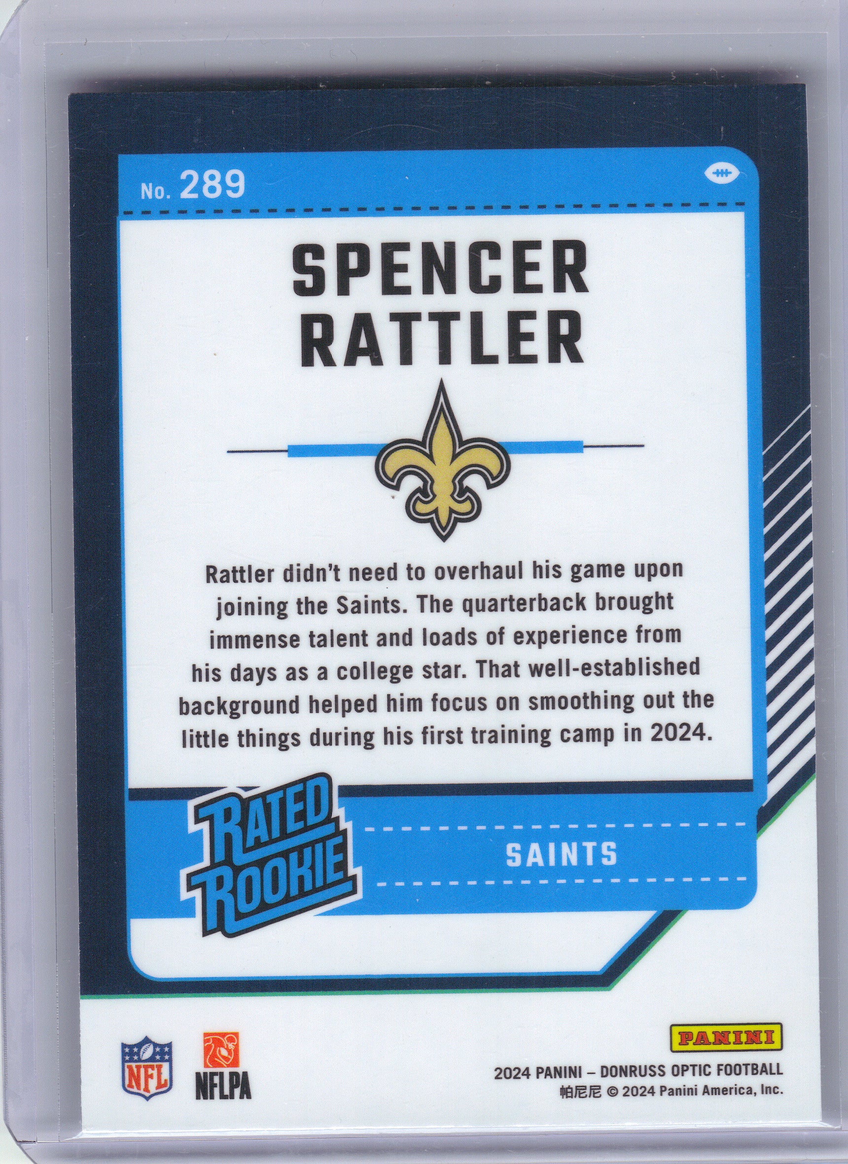 2024 Donruss Optic #289 Spencer Rattler New Orleans Saints RC