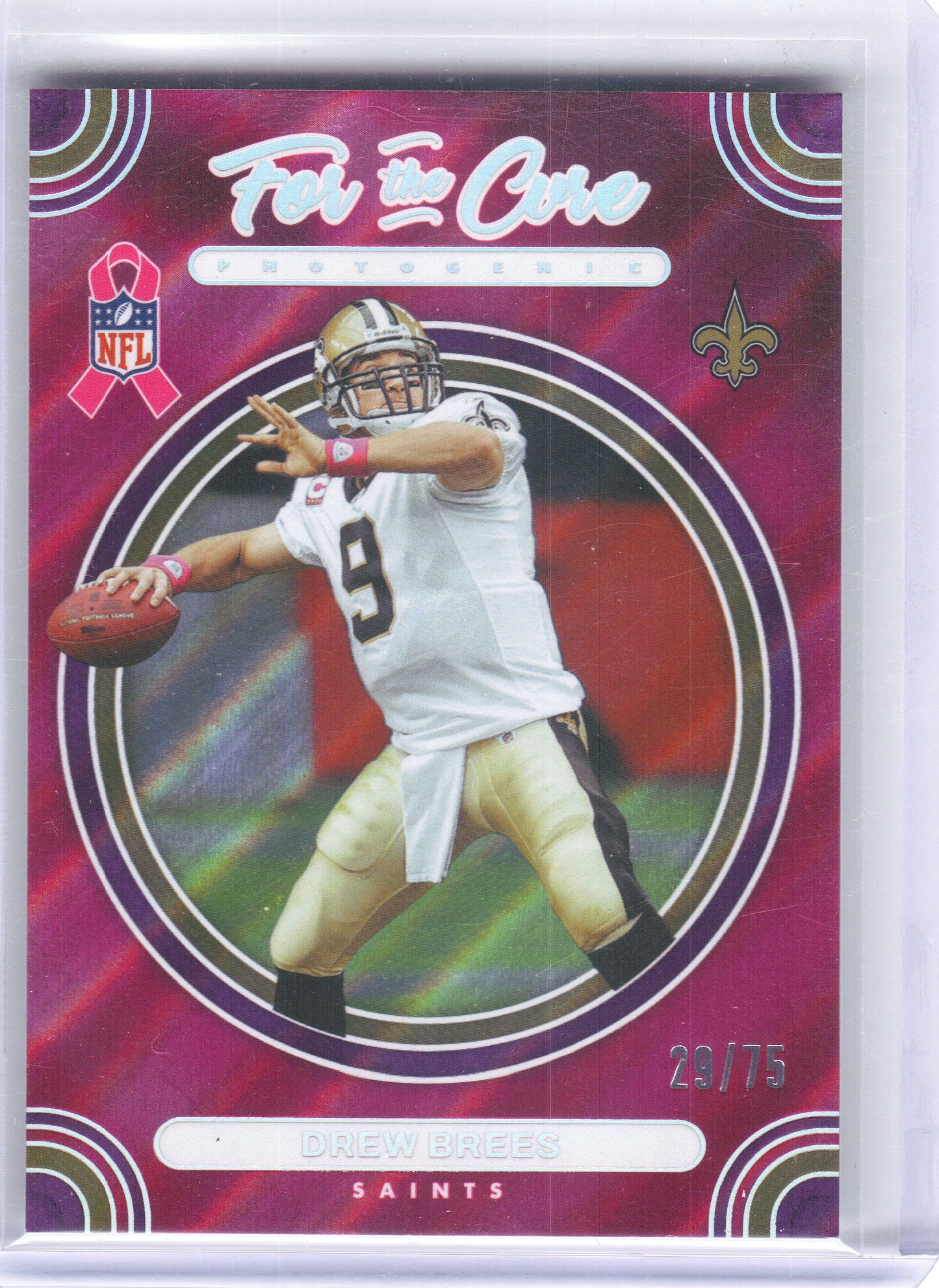 2024 Panini Photogenic #FTC-DBR Drew Brees For the Cure Purple #/75 New Orleans Saints SN