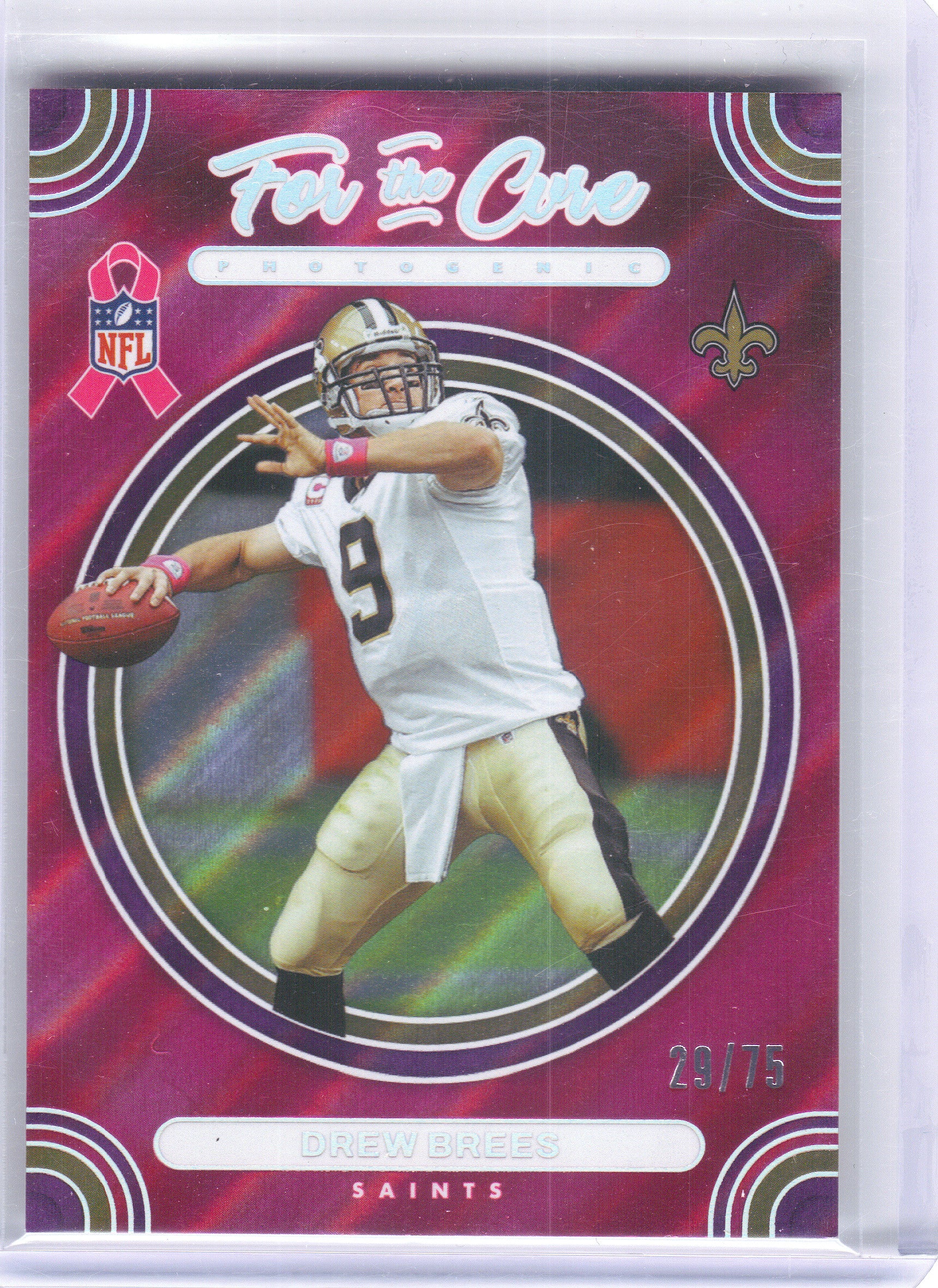 2024 Panini Photogenic #FTC-DBR Drew Brees For the Cure Purple #/75 New Orleans Saints SN