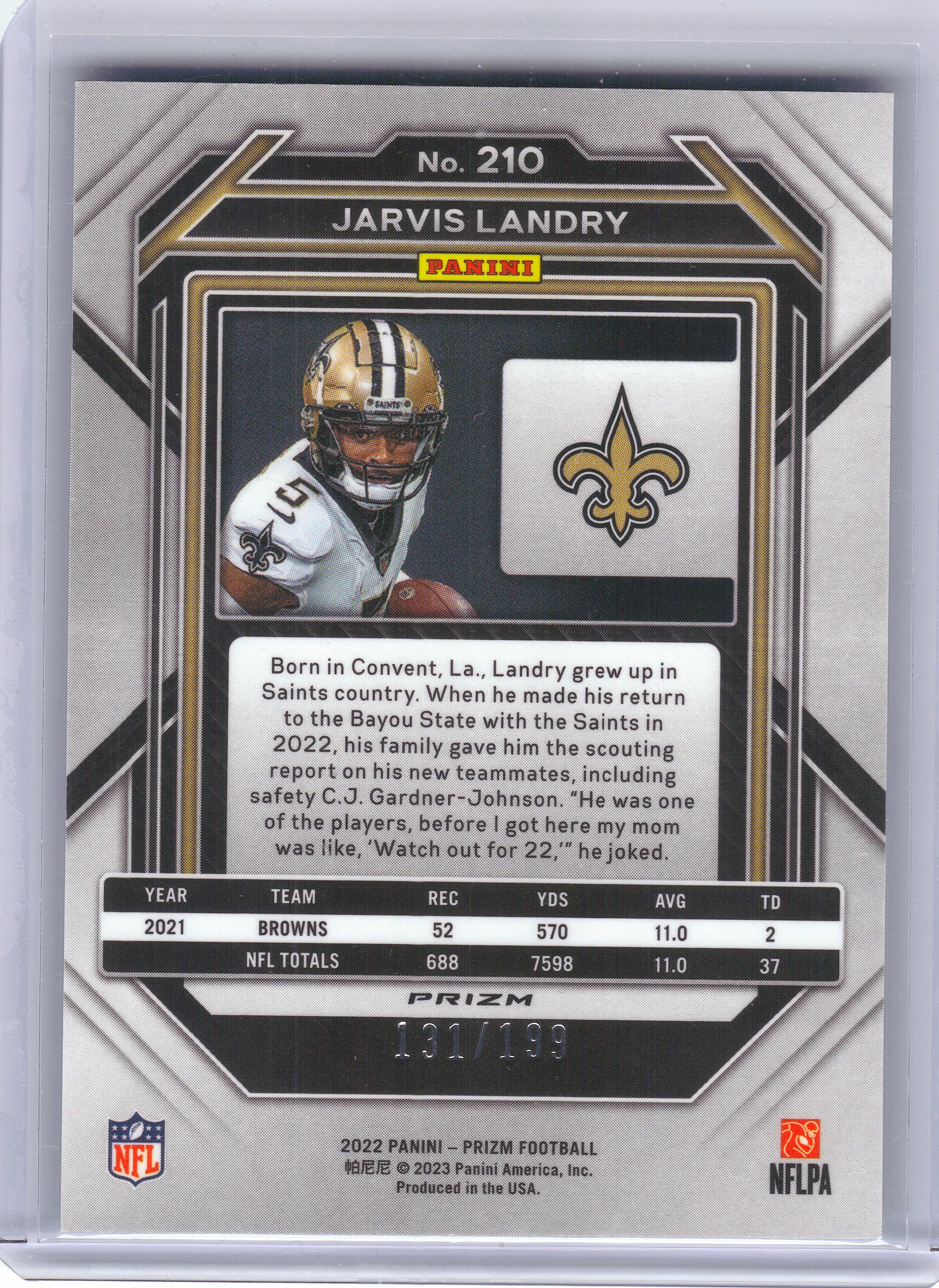 2022 Panini Prizm #210 Jarvis Landry Blue Wave #/199 New Orleans Saints SN