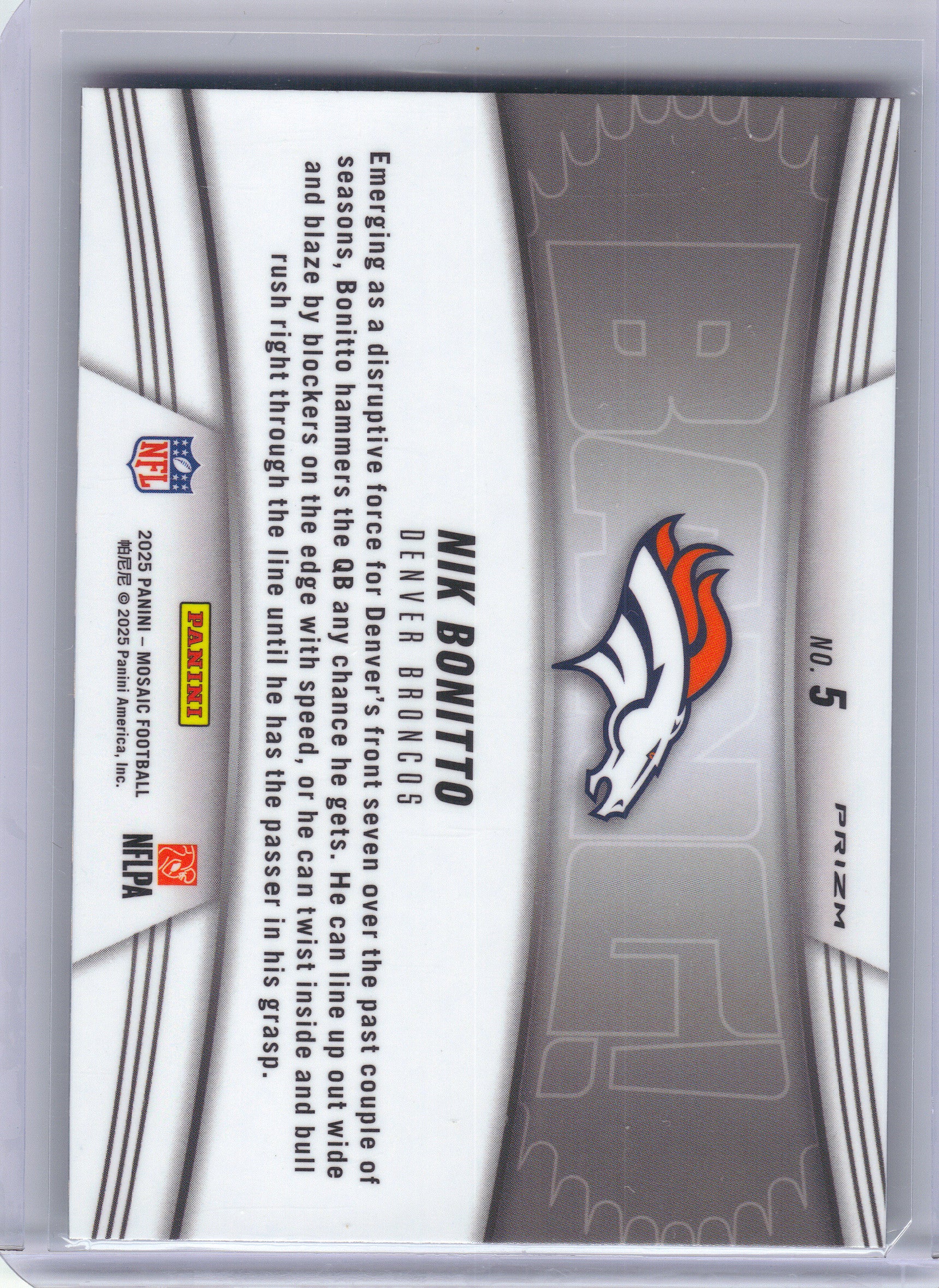 2025 Panini Mosaic #5 Nik Bonitto Bang! Mosaic Green Denver Broncos