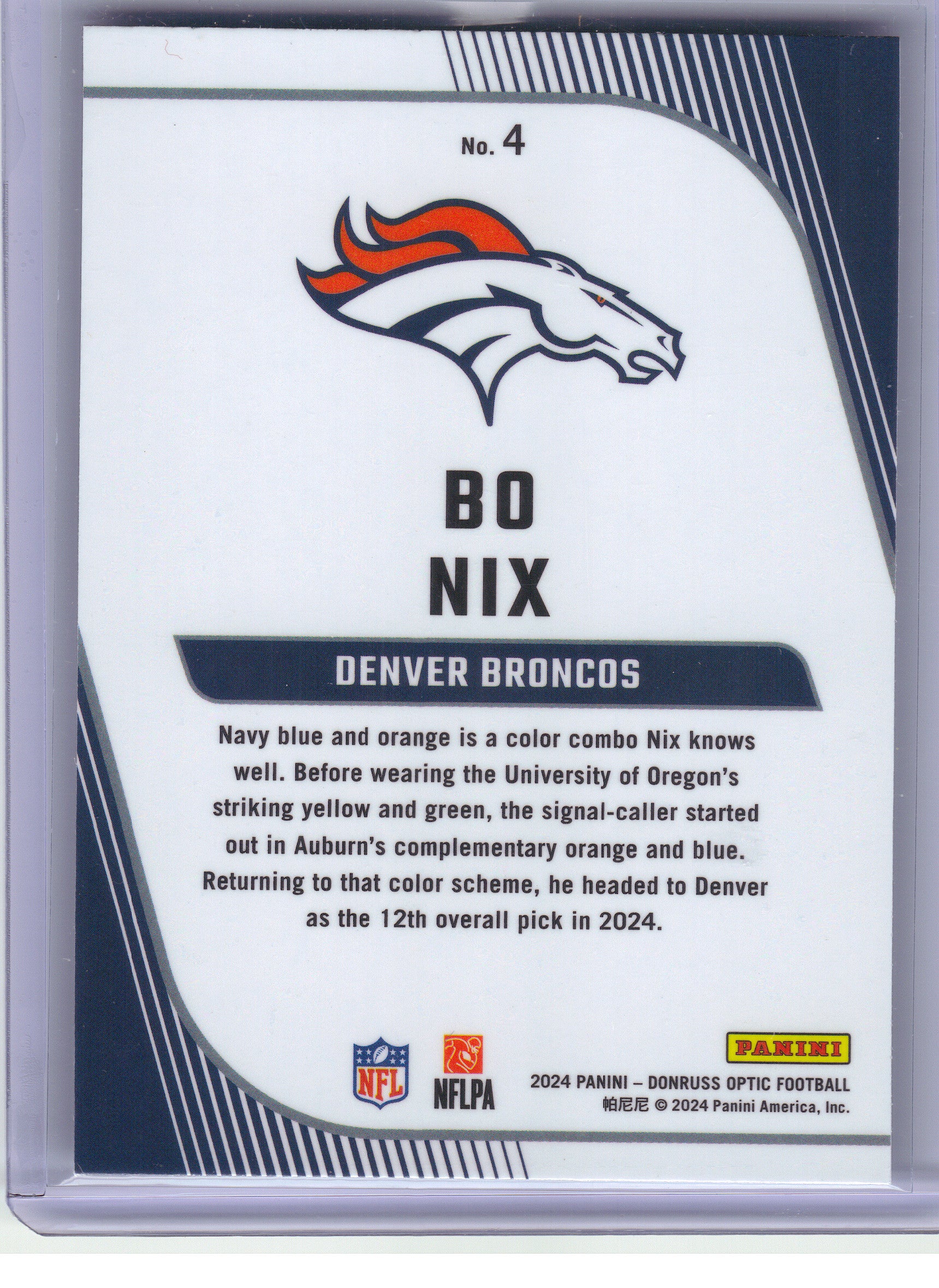 2024 Donruss Optic #4 Bo Nix Rookie Primary Colors Denver Broncos