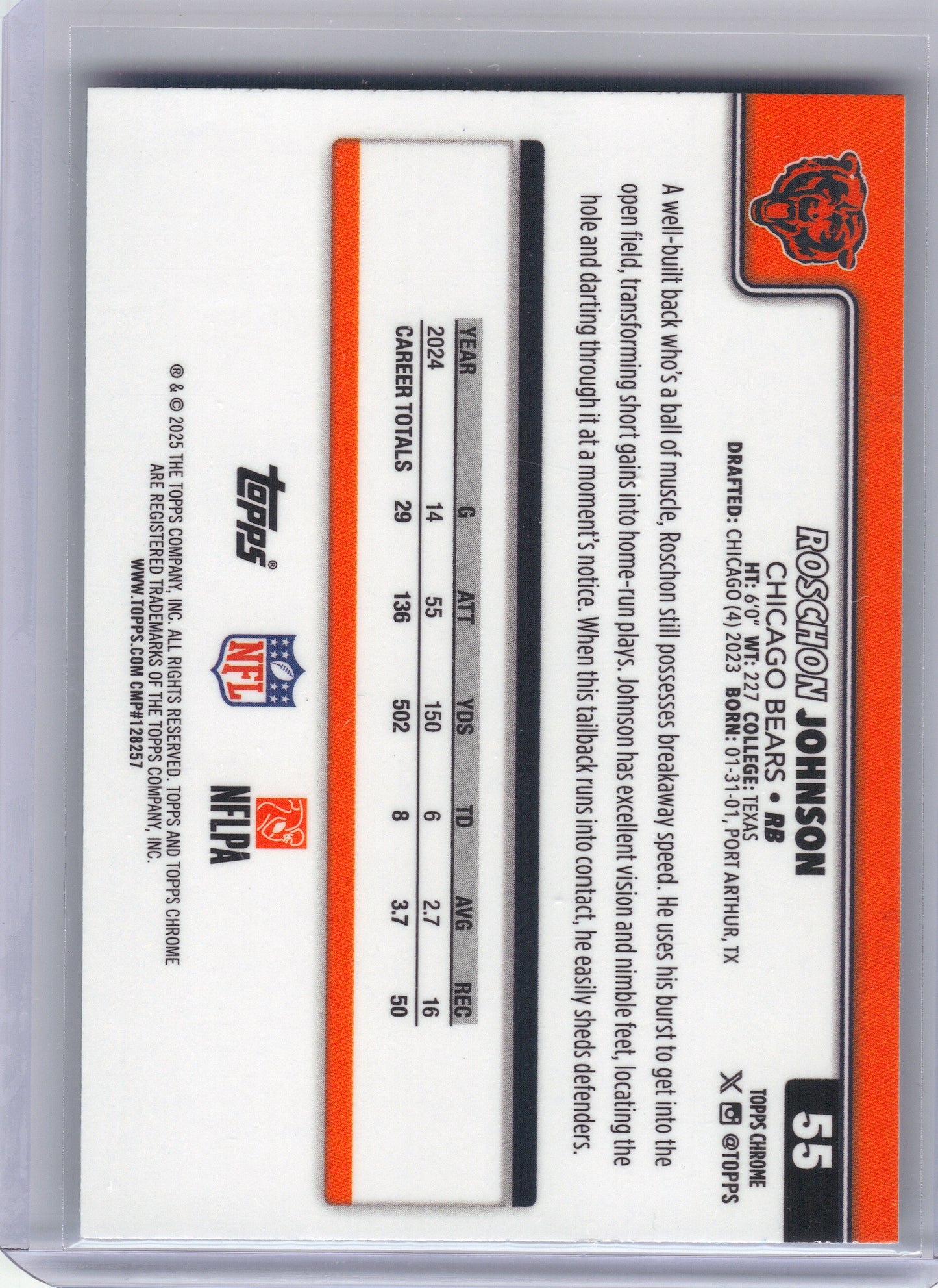 2025 Topps Chrome #55 Roschon Johnson Aqua Refractor #/199 Chicago Bears SN