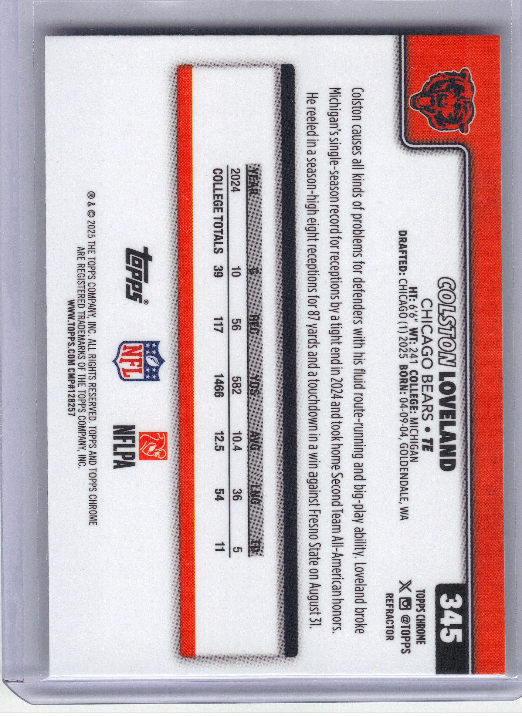 2025 Topps Chrome #345 Colston Loveland Refractor Chicago Bears RC