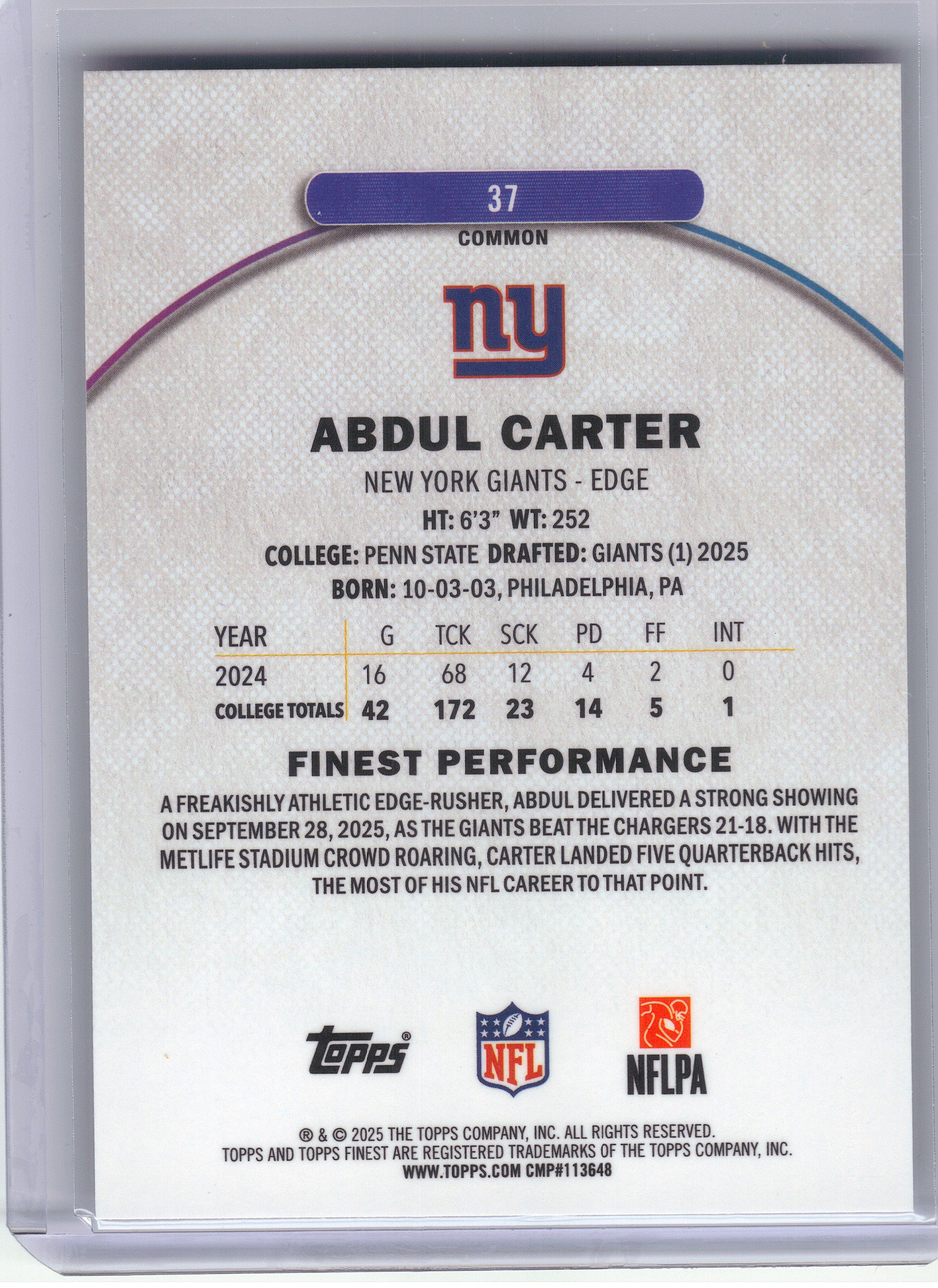 2025 Finest #37 Abdul Carter New York Giants RC