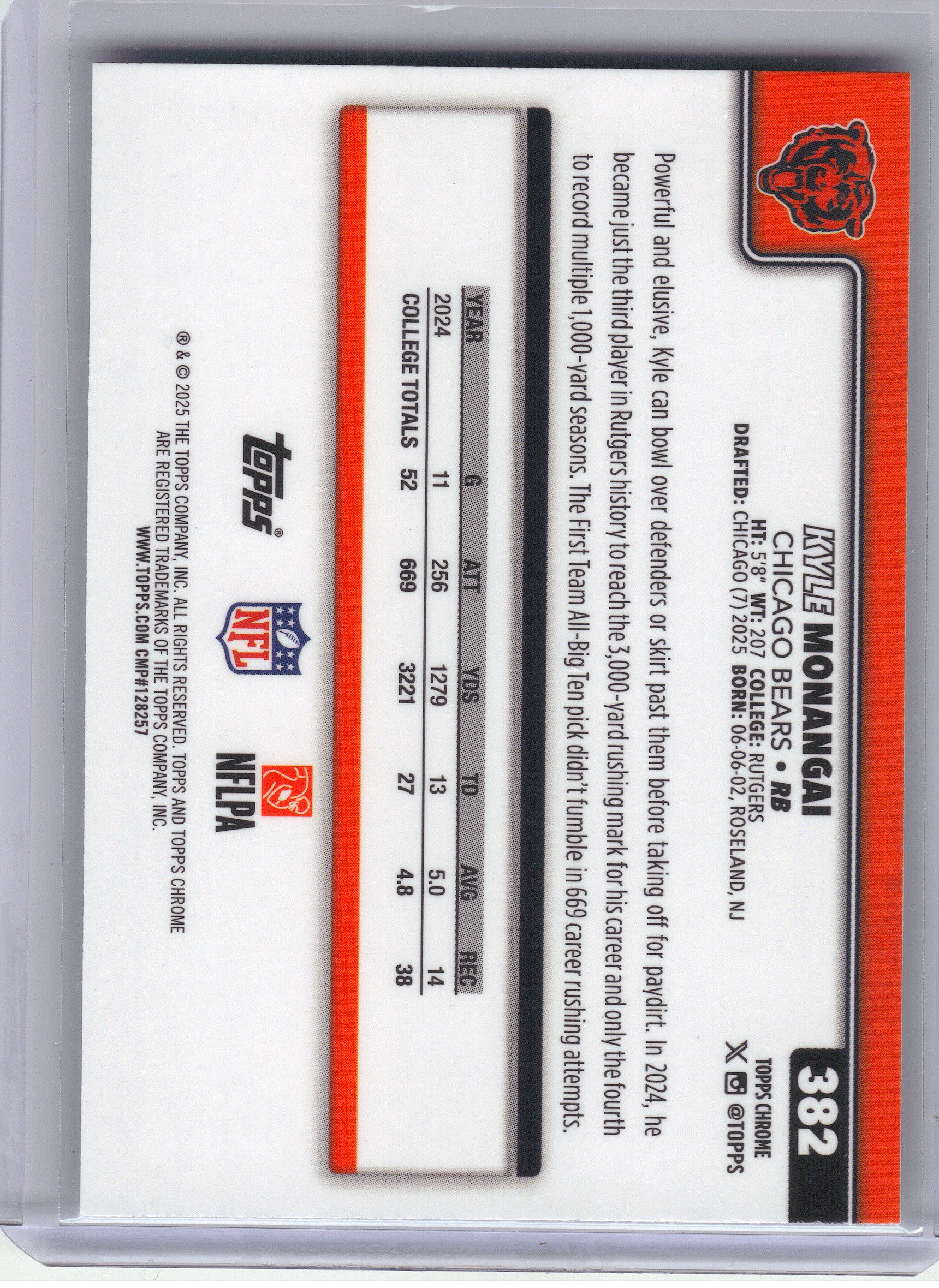 2025 Topps Chrome #382 Kyle Monangai Chicago Bears RC