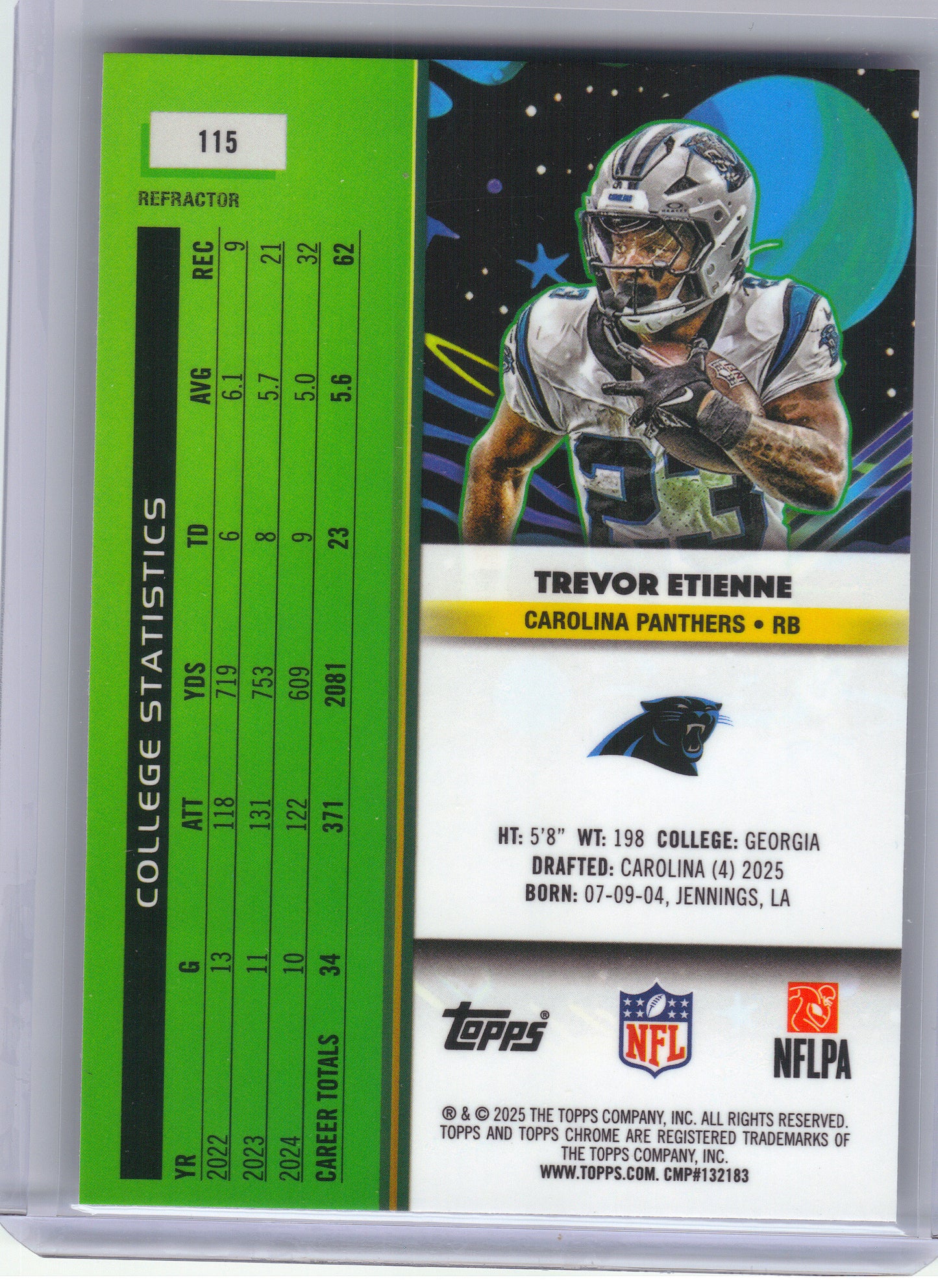 2025 Topps Chrome Cosmic #115 Trevor Etienne Refractor Carolina Panthers RC