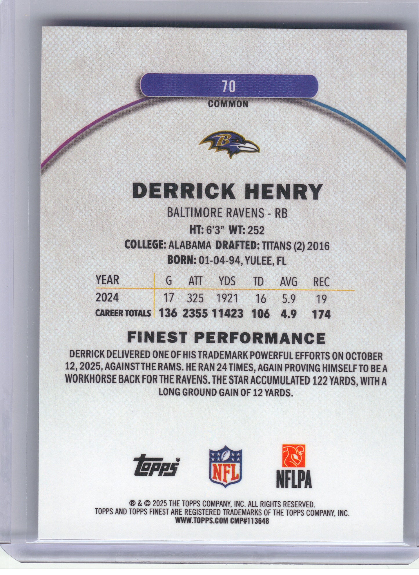 2025 Finest #70 Derrick Henry Baltimore Ravens