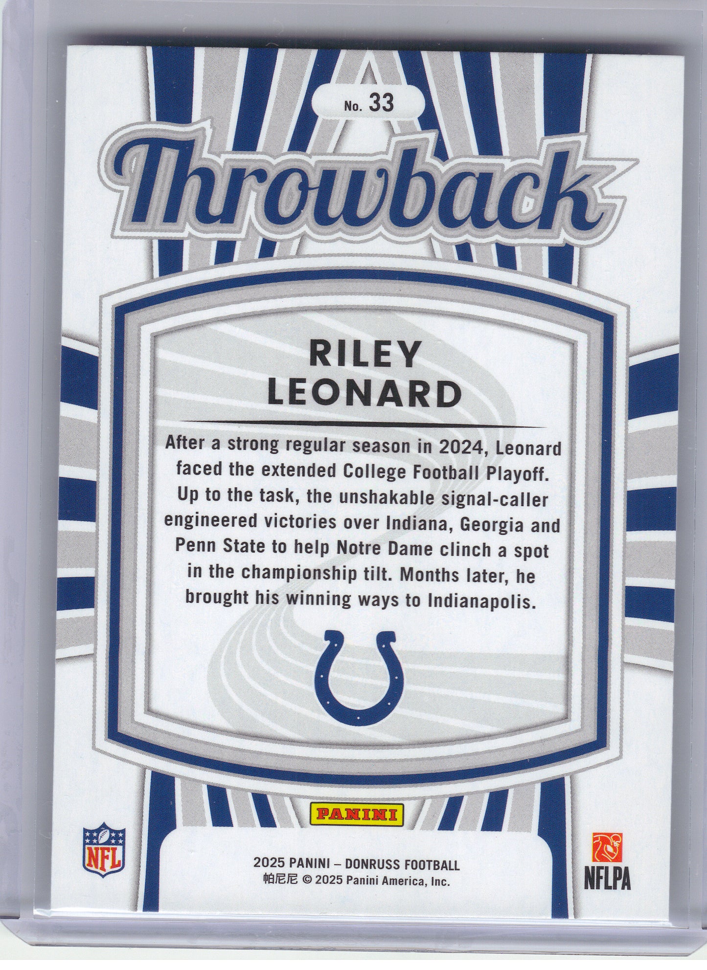 2025 Donruss #33 Riley Leonard Rated Rookies Throwback Indianapolis Colts