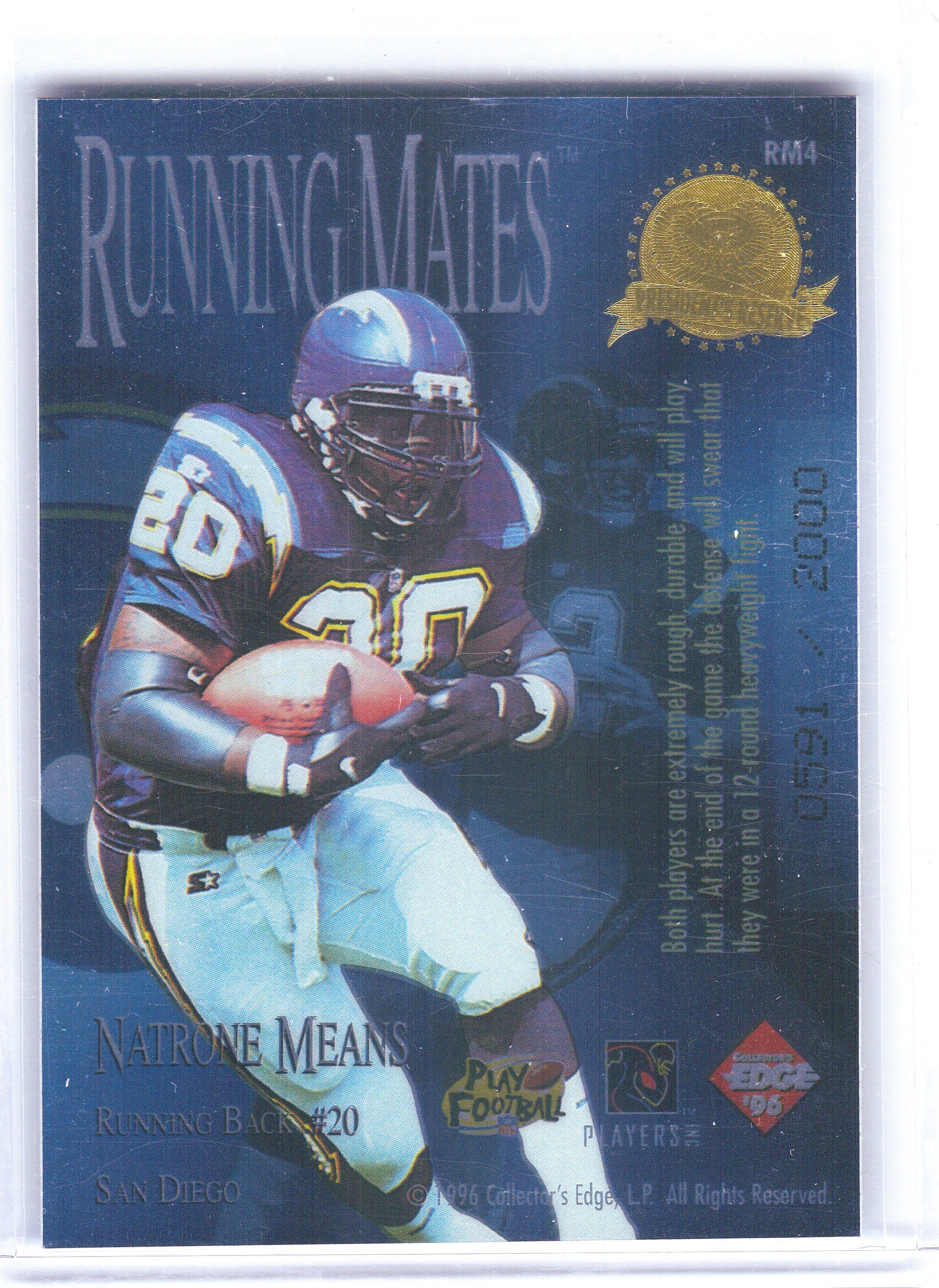 1996 Collector's Edge President's Reserve #RM4 Stan Humphries / Natrone Means Running Mates #/2000 San Diego Chargers SN