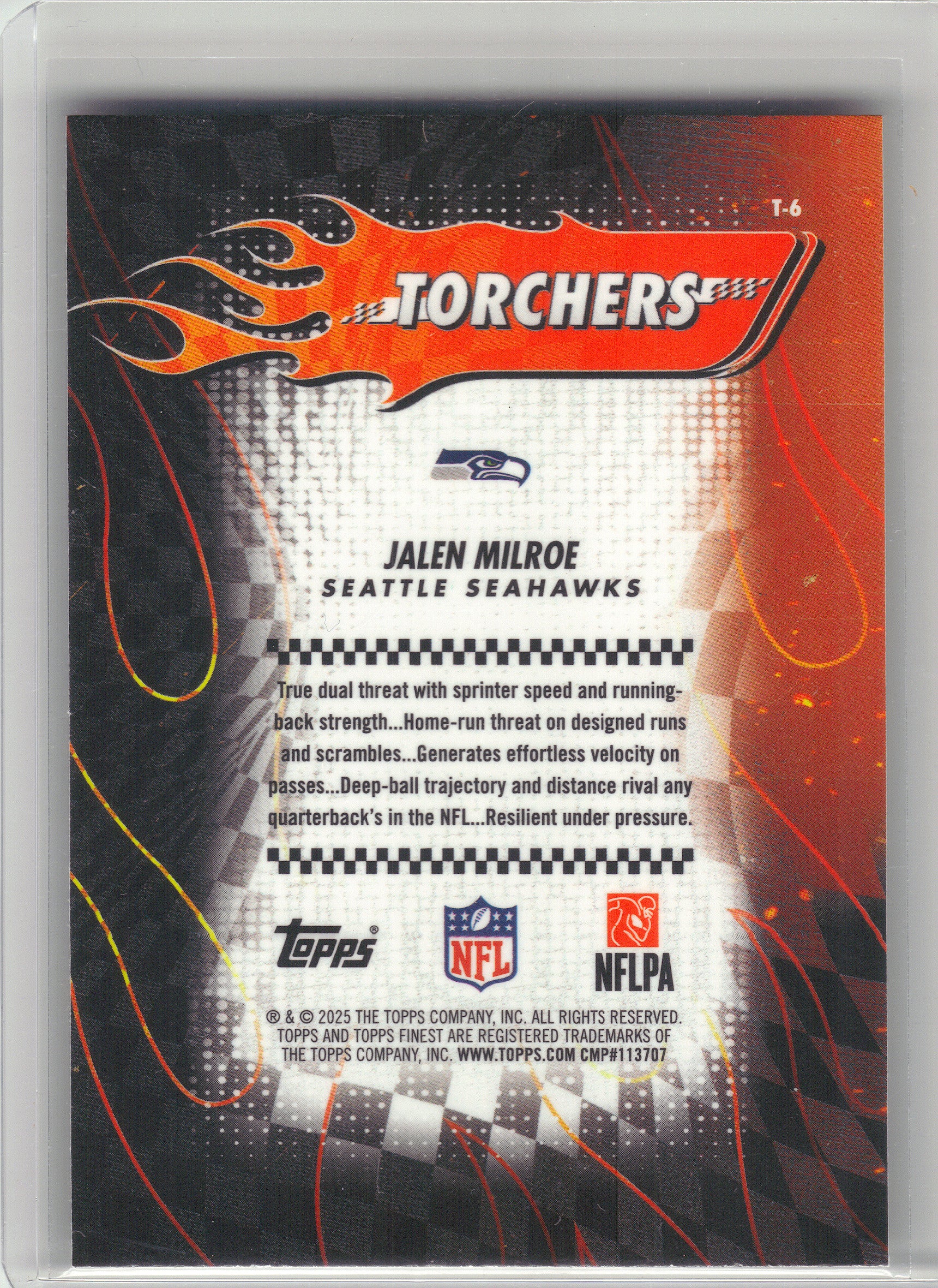 2025 Finest #T-6 Jalen Milroe Torchers Purple Refractor #/125 Seattle Seahawks SN