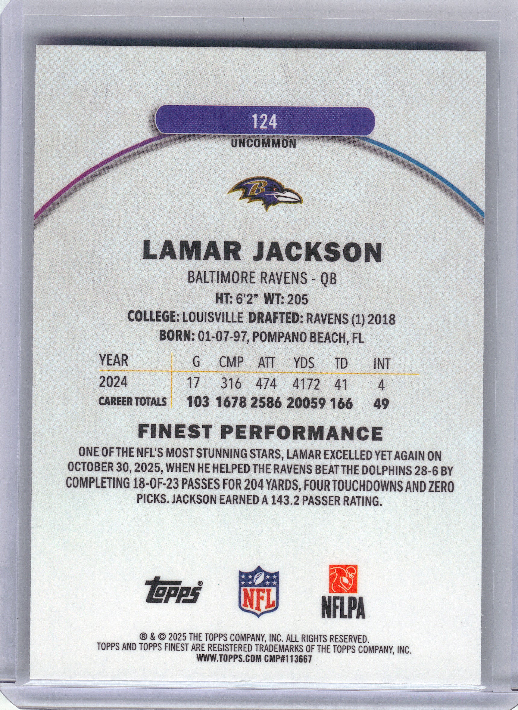 2025 Finest #124 Lamar Jackson Baltimore Ravens